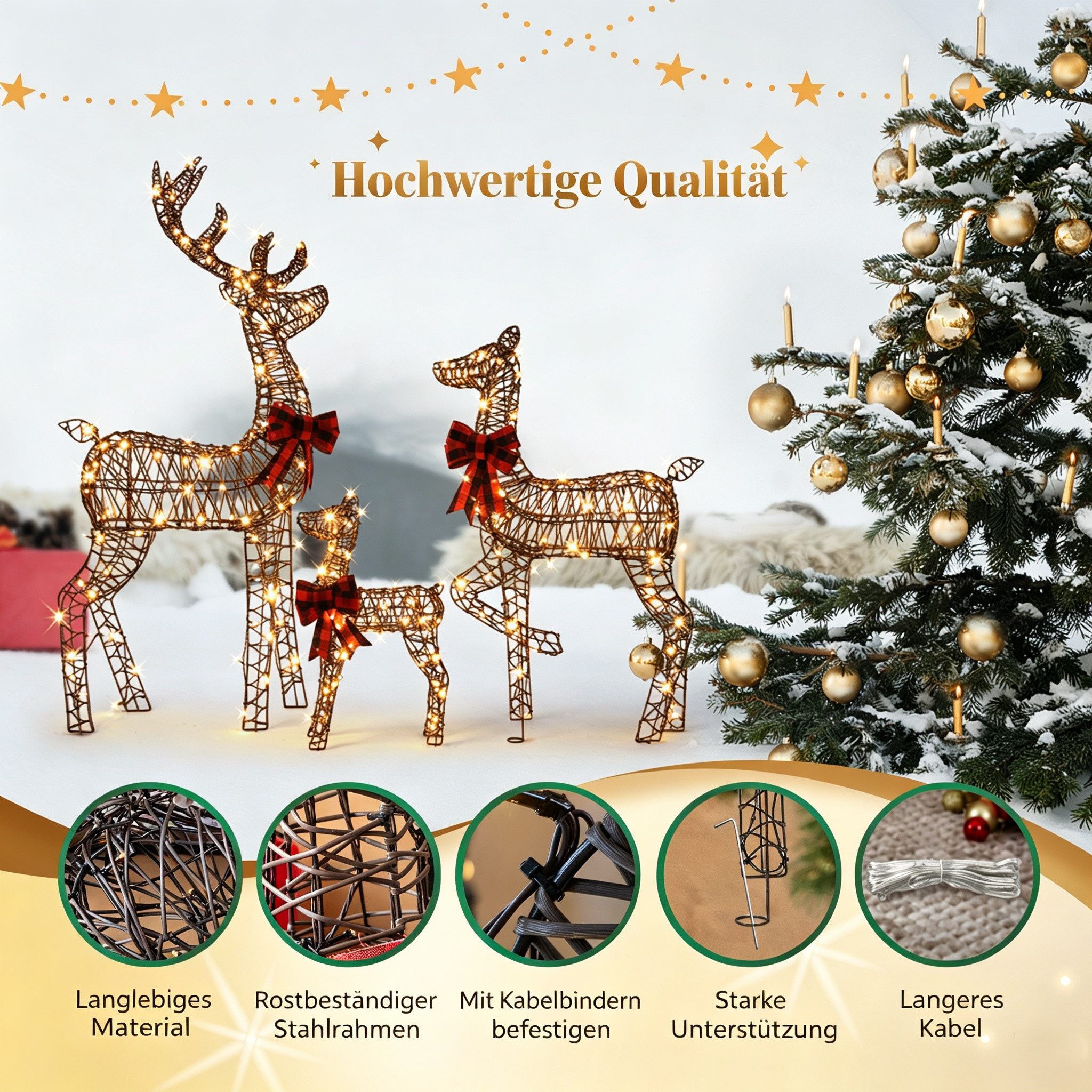 VINGLI LED-Dekofigur Leuchtendes Weihnachtsdeko, 3-teiliges Rentier-Familien-Set, Weihnachtsfigur mit 210 Warmweiße Lichtern, Wetterfest, 122 cm, Braun – Bild 5 von 5
