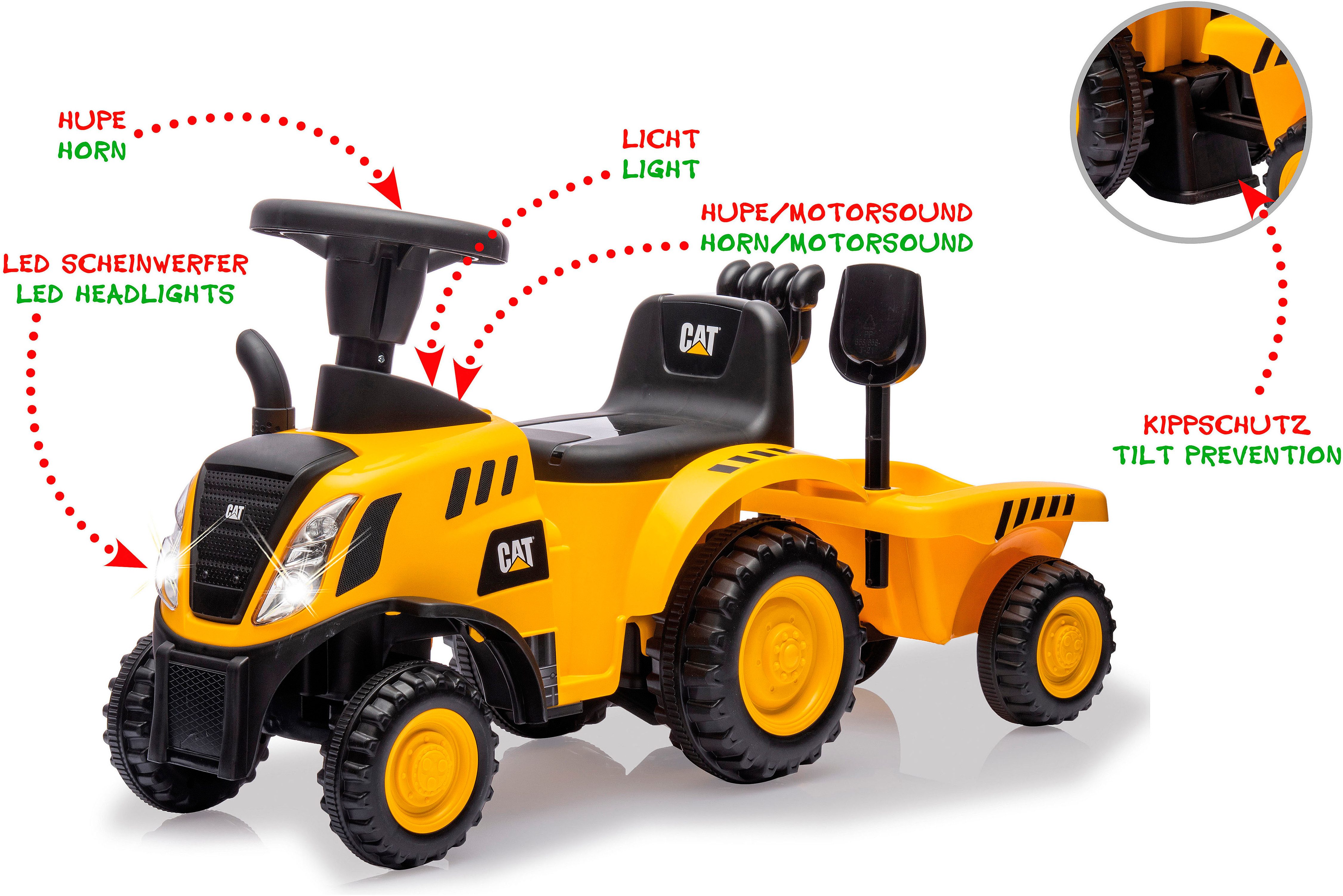 Jamara Rutscher Caterpillar Traktor mit Anhänger 2in1, gelb, mit Licht- und Soundeffekten sowie Hupe – Bild 2 von 5