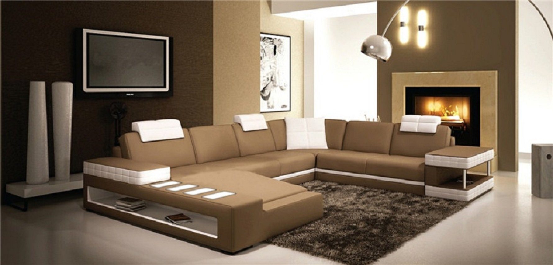 JVmoebel Ecksofa U Form Sofa Polster Braun/Weiß Luxus Leder Wohnlandschaft Couch Design Ecksofa