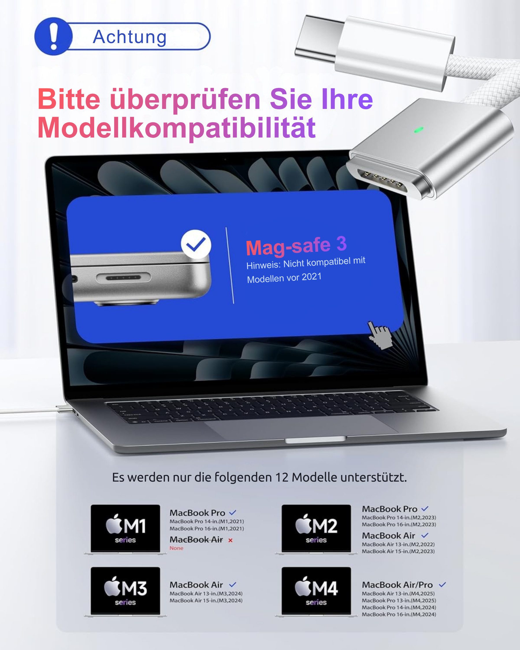 Alpha Electronics MagSafe 3 USB-C Schnellladekabel für Macbook Pro/Air magnetisches Ladekabel, USB-C, USB-C (200 cm), Schnellladend, 140W, magnetisch, zweifarbi – Bild 5 von 5