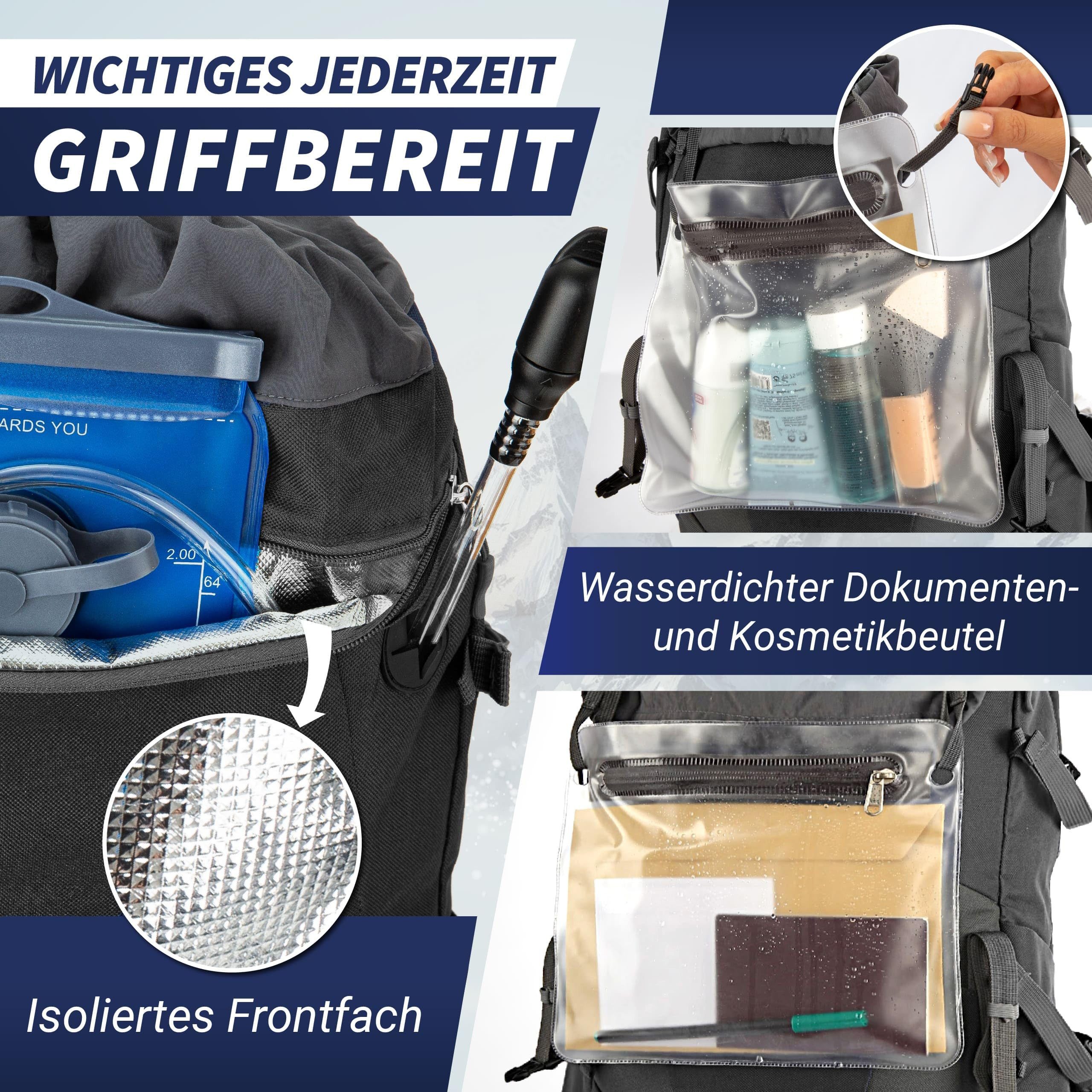 Sasmo Wanderrucksack Wanderrucksack 40l + 5l Mit Kontaktrücken, Isoliertes Frontfach, Integrierter Kulturbeutel, Schuhfach, - Inkl. Regenschutz
