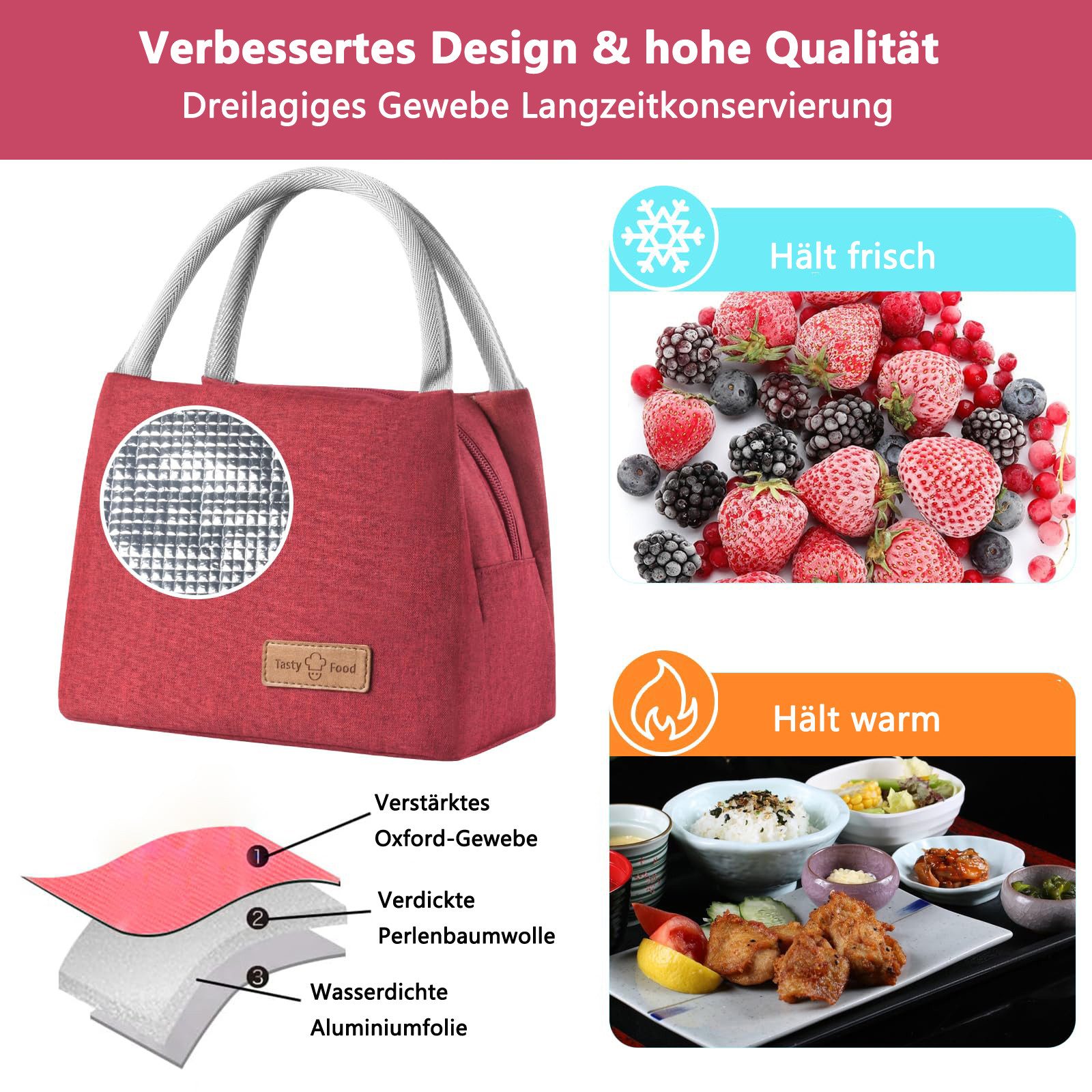 Agger Kühltasche Lunchtasche Isolierte Lunchbox Bag, Wasserdicht Vespertasche, Kühltasche Herren Damen,Tragbar wasserdichtes Lunch Tasche – Bild 2 von 5
