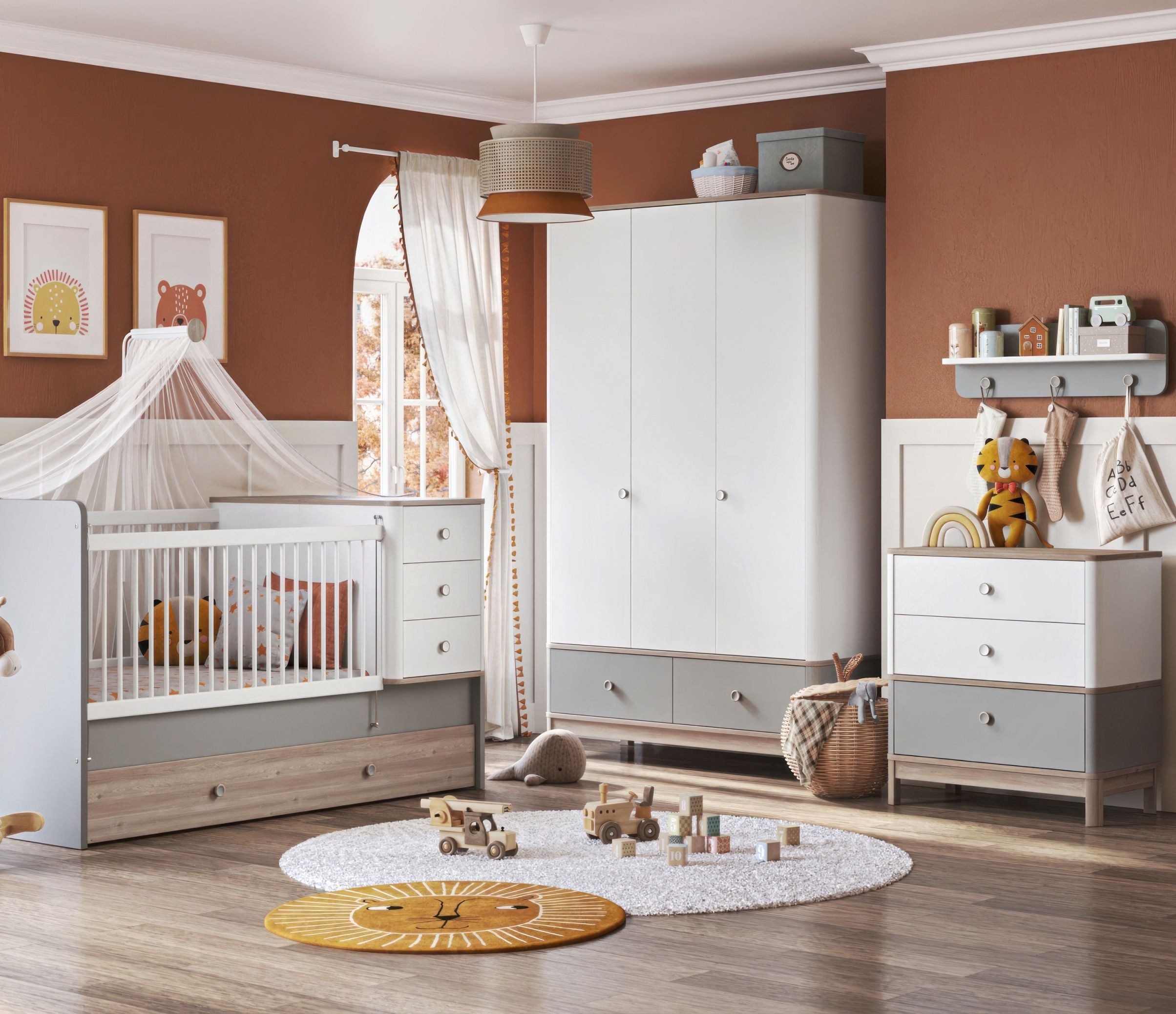 Möbel-Zeit Babyzimmer-Komplettset BONO GREY 4-teilig – Babybett, Kleiderschrank, Kommode & Wandregal