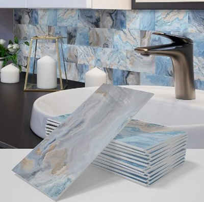 XDeer Wandfliese 16 Stück Fliese Aufkleber Fliesensticker,Vintage Boden Wandabziehbild, blue, Aufkleber selbstklebende Fliese 3D Kunst DIY Küche Bad Backsplash