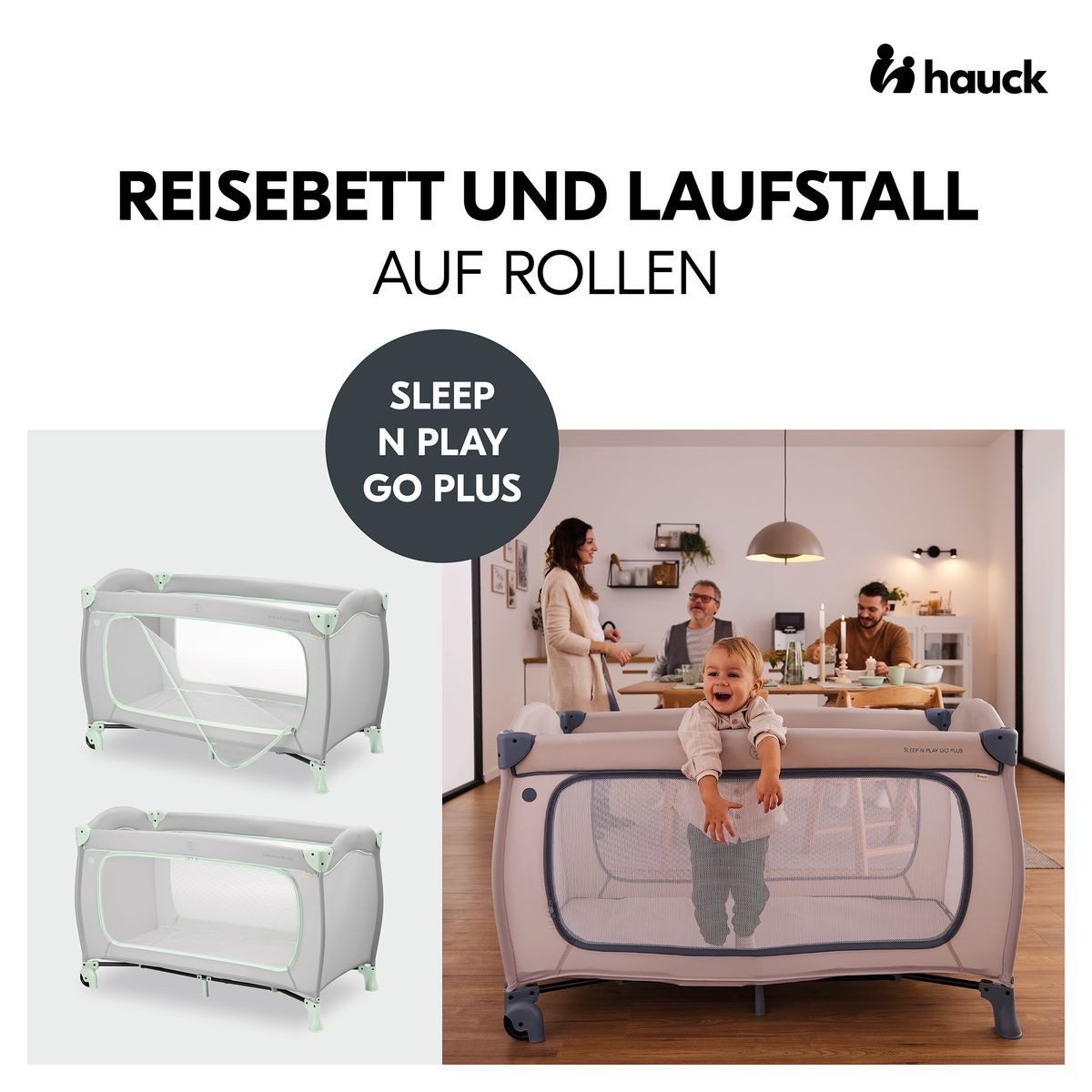 Hauck Baby-Reisebett Sleep N Play Go Plus Set - Dusty Mint, Baby Kinder Reisebett mit Eingang, Matratze, Insektenschutz & Rollen