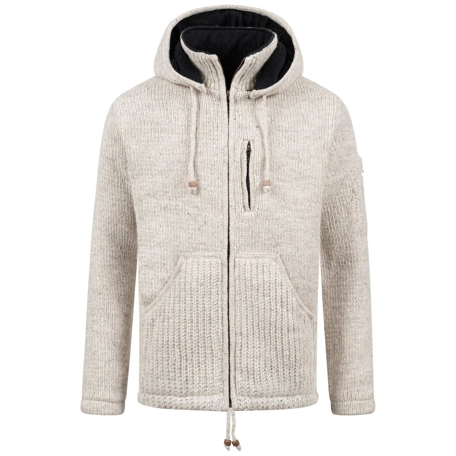 Strickjacke Strickjacke Schurwolle Klassich Nordisch Jacke +Kapuze Kragen Futter