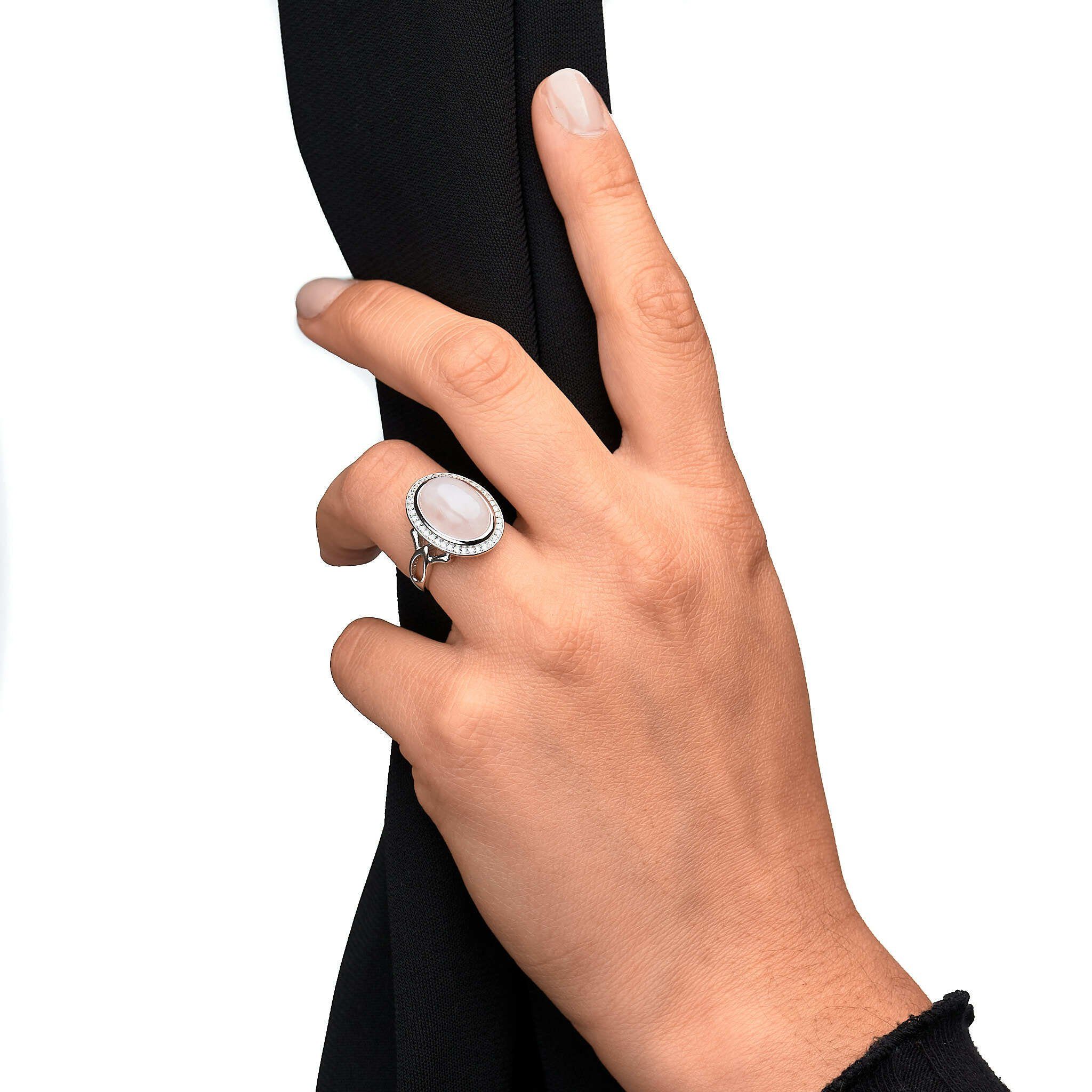 Zeeme Fingerring 925 Sterling Silber rhodiniert mit echtem Rosenquarz Zirkonia