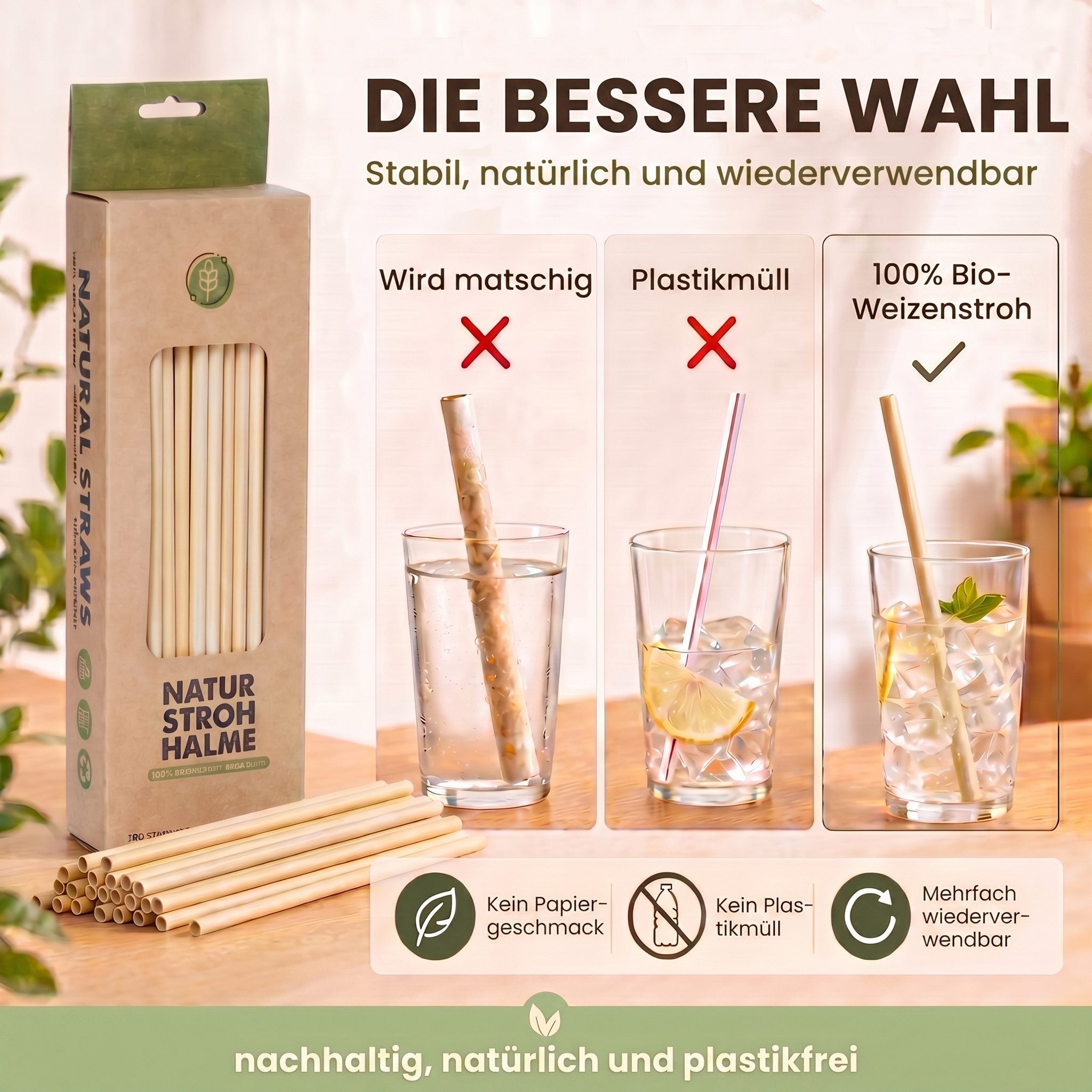 Goods+Gadgets Gläser-Set 100× Getränke-Röhrchen aus Weizen – Kompostierbar, Strohhalme, Strohhalme – Bild 4 von 5