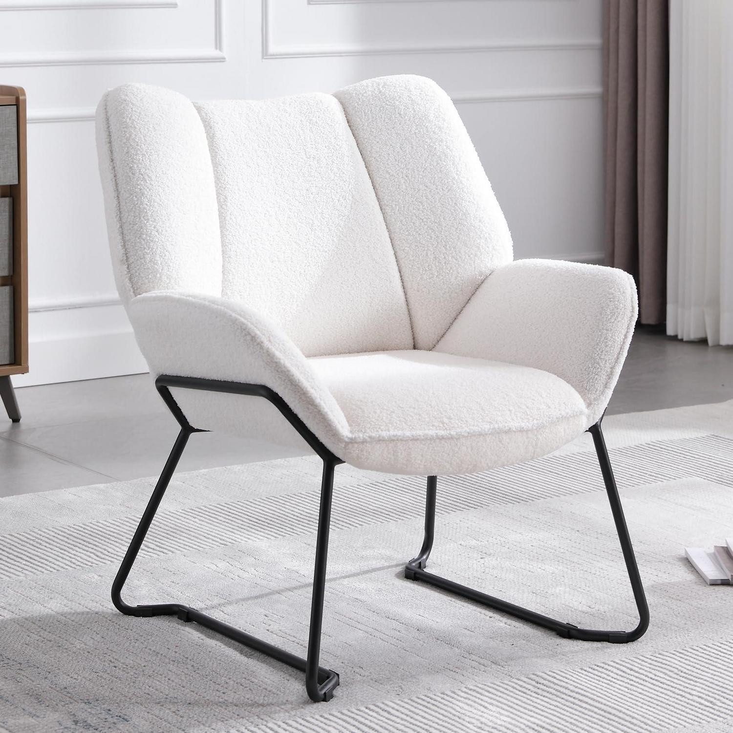 LuxusKollektion Loungesessel Sessel Ohrensessel Teddystoff Metallbeine gepolstert Weiß
