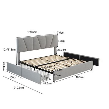 Celya Polsterbett Doppelbett Bettgestell 160x200cm Kingsize Polster Plattform Bett, mit vier Schubladen auf zwei Seiten, Verstellbares Kopfteil, Grau