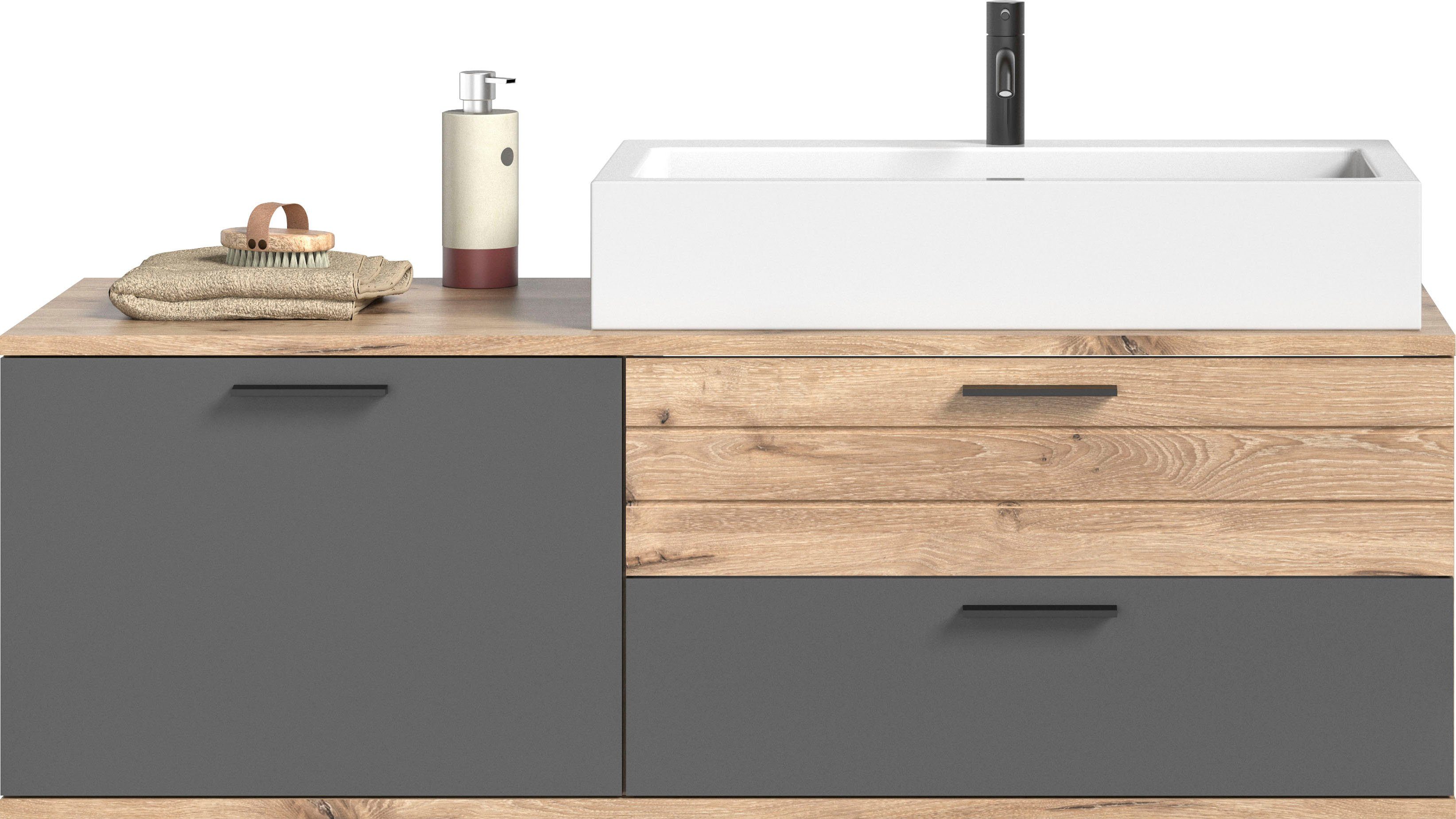 welltime Waschtisch-Set Riga, Breite 140 cm, inkl. Aufsatzwaschbecken, 2 Schubkästen, 1 Tür, (Set, 1-St), Hängeschrank, Unterschrank, Badmöbel, Badschrank, Schrank, Bad