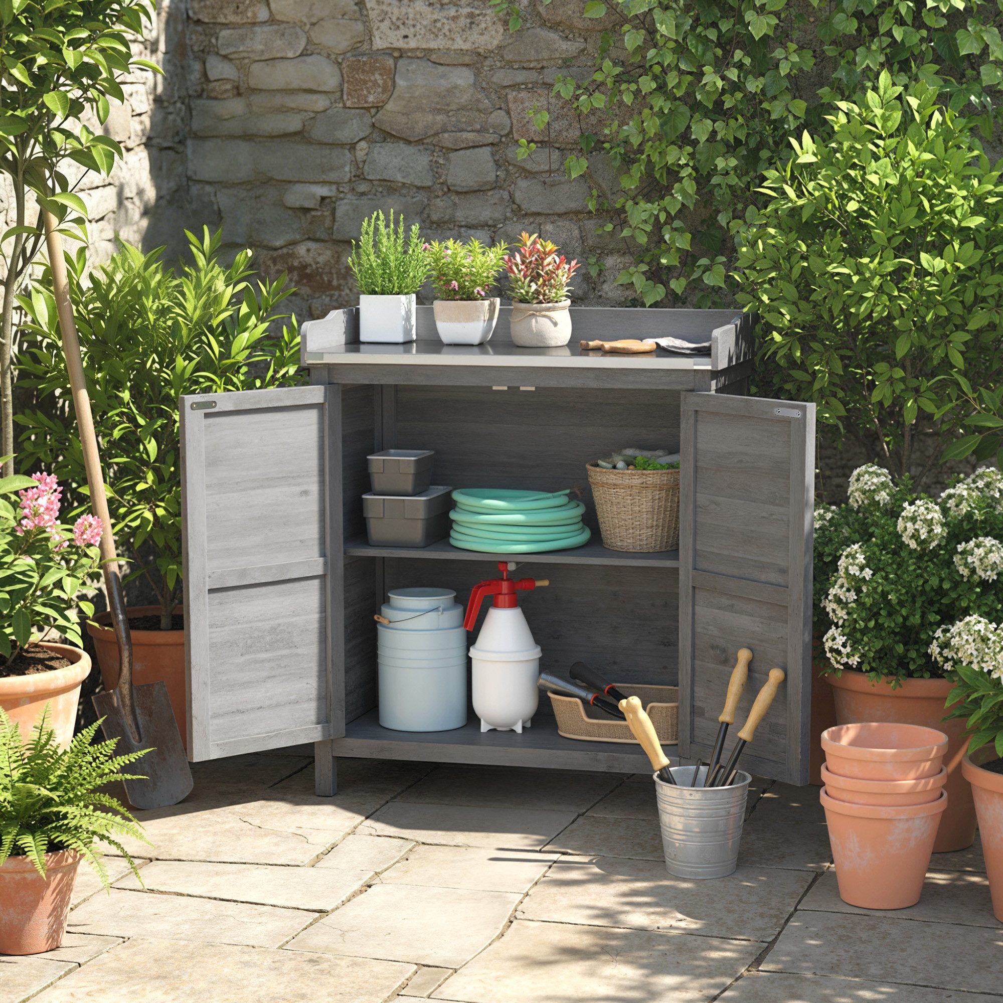 Outsunny Geräteschrank mit verzinkter Arbeitsplatte, 2 Regalböden (Outdoor Gartenschrank, 1-St., Pflanztisch mit Unterschrank) für Garten Balkon Terrasse 83 x 40 x 92cm Grau