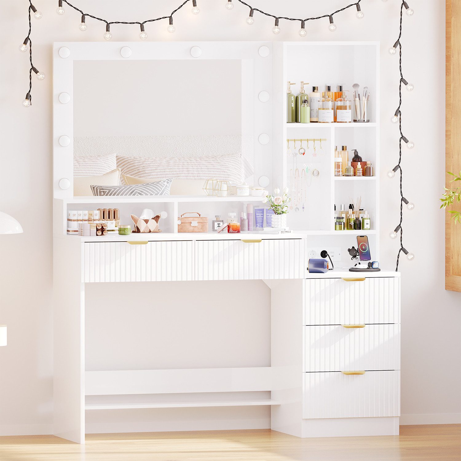 HOMALL Schminktisch Vertikale Streifen mit 5 Schubladen und 7 offenen Fäche günstig online kaufen