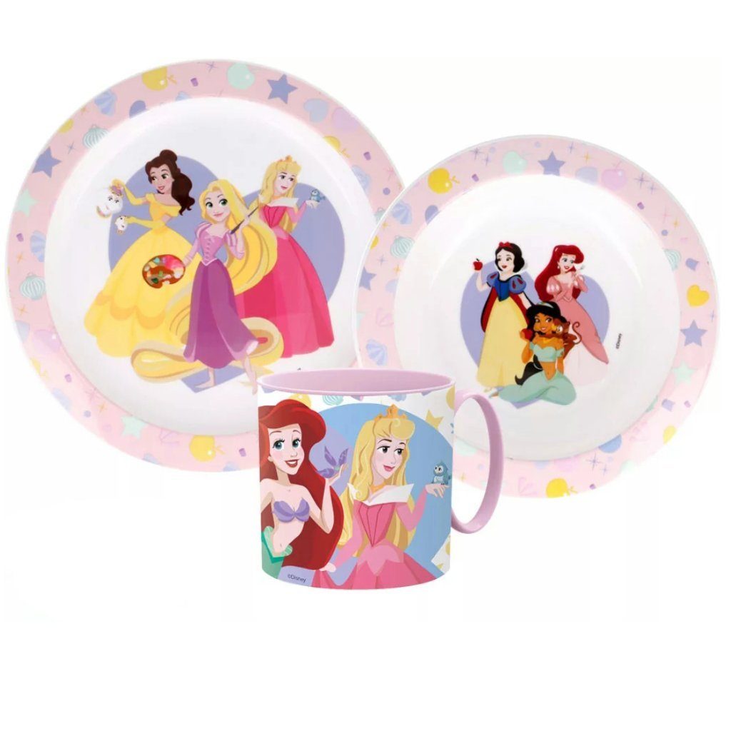 1 Prinzessinnen Becher Arielle Kunststoff, Schüssel Kinder (3-tlg), teilig Disney Geschirr-Set 3 Teller Kindergeschirr-Set Personen, Disney