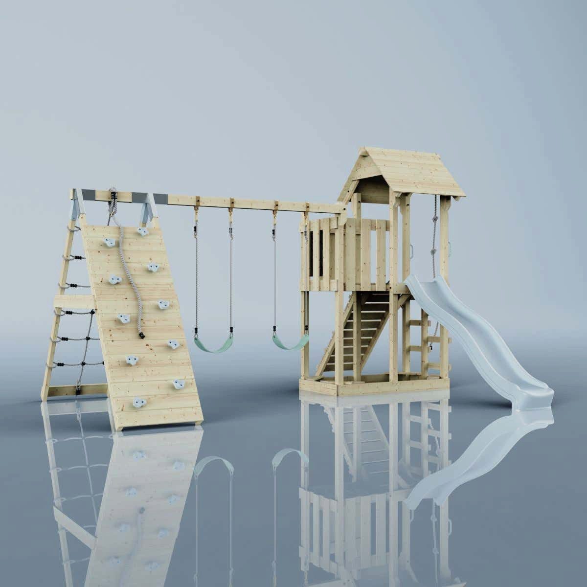 OutdoorToys Spielturm Roskilde, aus Holz in Eisblau mit Kinderschaukel