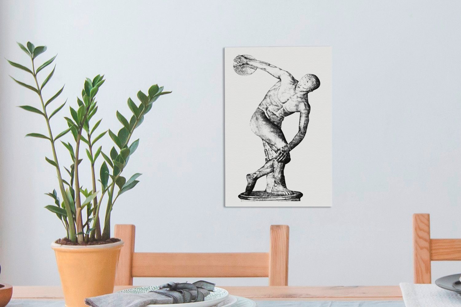 einer (1 Leinwandbild geschnitzten Illustration bespannt Leinwandbild OneMillionCanvasses® Gemälde, fertig St), inkl. Statue Zackenaufhänger, 20x30 cm Diskuswerfer, namens