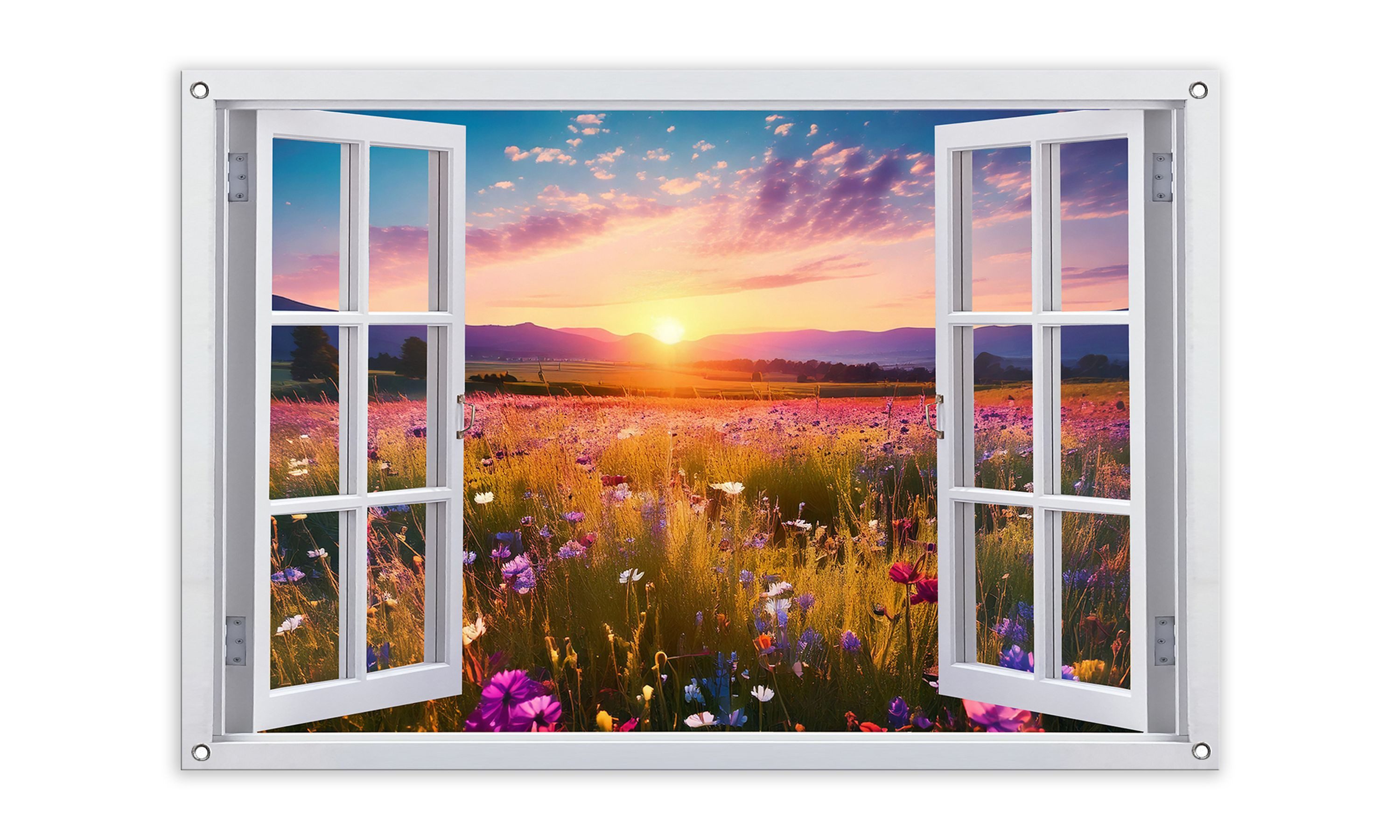 artissimo Poster Garten-Poster 90x60cm Gartendeko Balkon-Deko Outdoor-Deko Fesnterblick, Outdoor-Poster: Fenster Blumenwiese