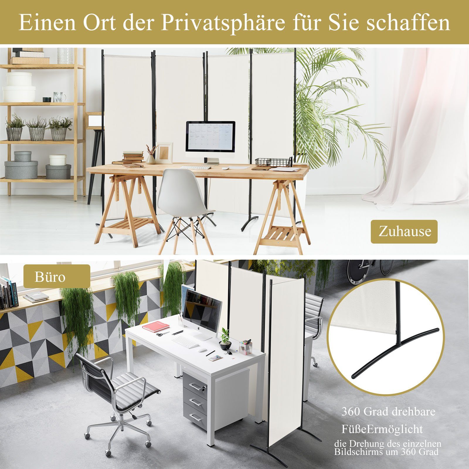 Klappbar, 4-teilig Paravent Beige COSTWAY Raumteiler, Metallrahmen, 220x173cm