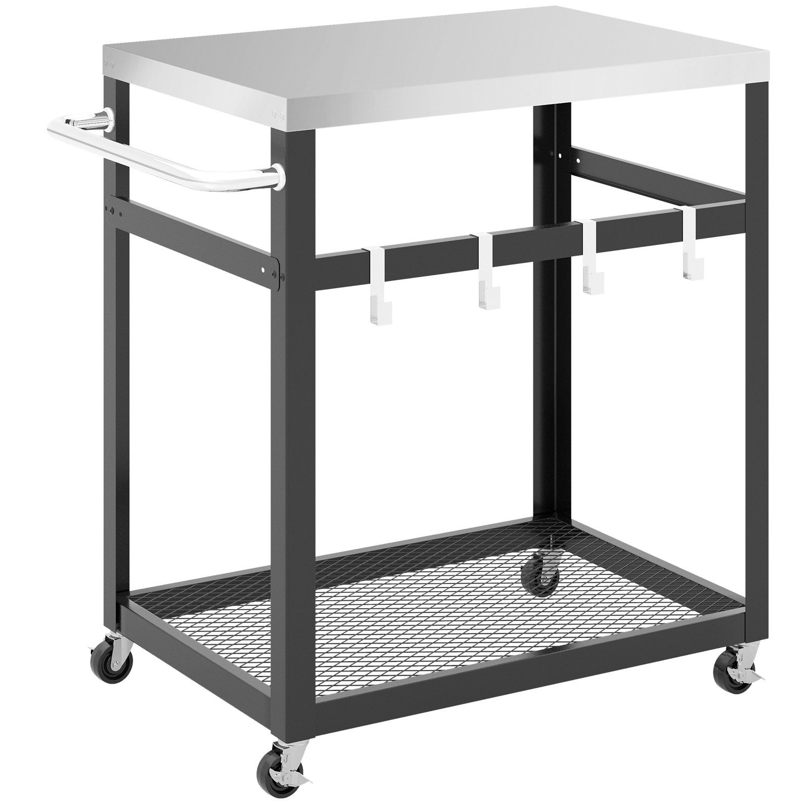 COSTWAY Grillablagetisch, 2-stufiger Grillwagen mit Rädern, Griff und 4 Haken