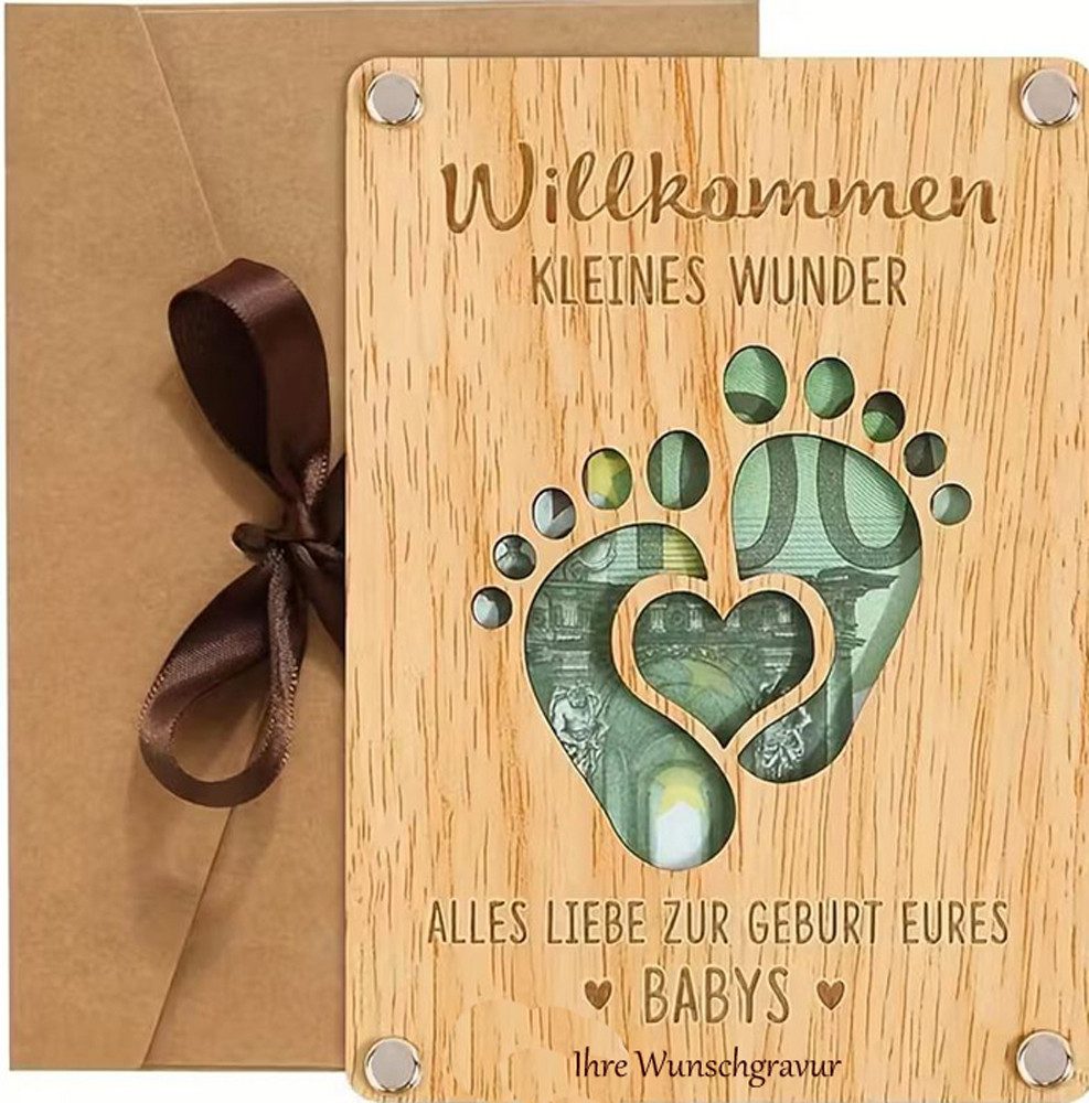 Trollingshop Geburtskarte Geldgeschenkkarte zur Geburt "Willkommen", mit persönlicher Gravur, inklusive Gravur Ihrer persönlichen Widmung
