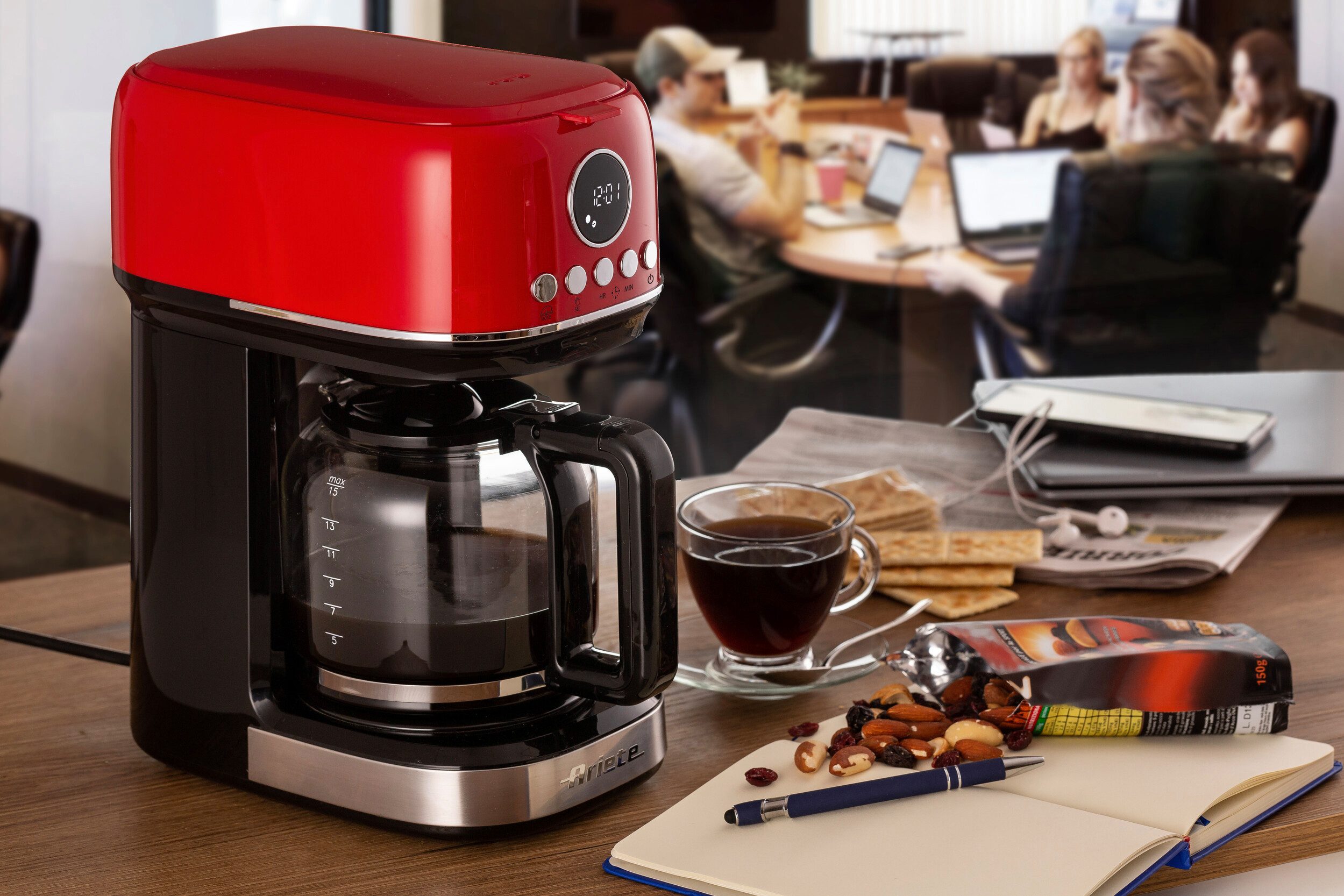 Ariete Filterkaffeemaschine 1396R Moderna rot,1,5 L mit Timer, Programmwahl und Warmhaltefunktion, Permanentfilter