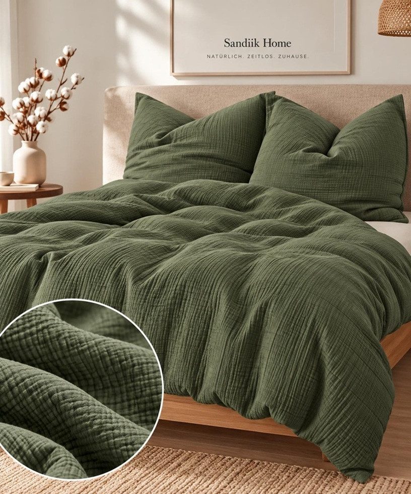Sandiik Bettwäsche Musselin Bettwäsche in Olivgrün aus 100% Bio-Baumwolle, Hochwertige Bio-Baumwolle mit Reißverschluss, Made in Stuttgart