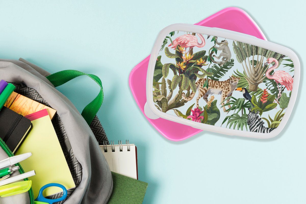 Erwachsene, Brotbox - Mädchen - für Dschungel - Kinder Tiere Kunststoff rosa Lunchbox Kunststoff, Kinder, Brotdose Flamingo MuchoWow Mädchen, Papagei, (2-tlg), - Jungen - - Snackbox,