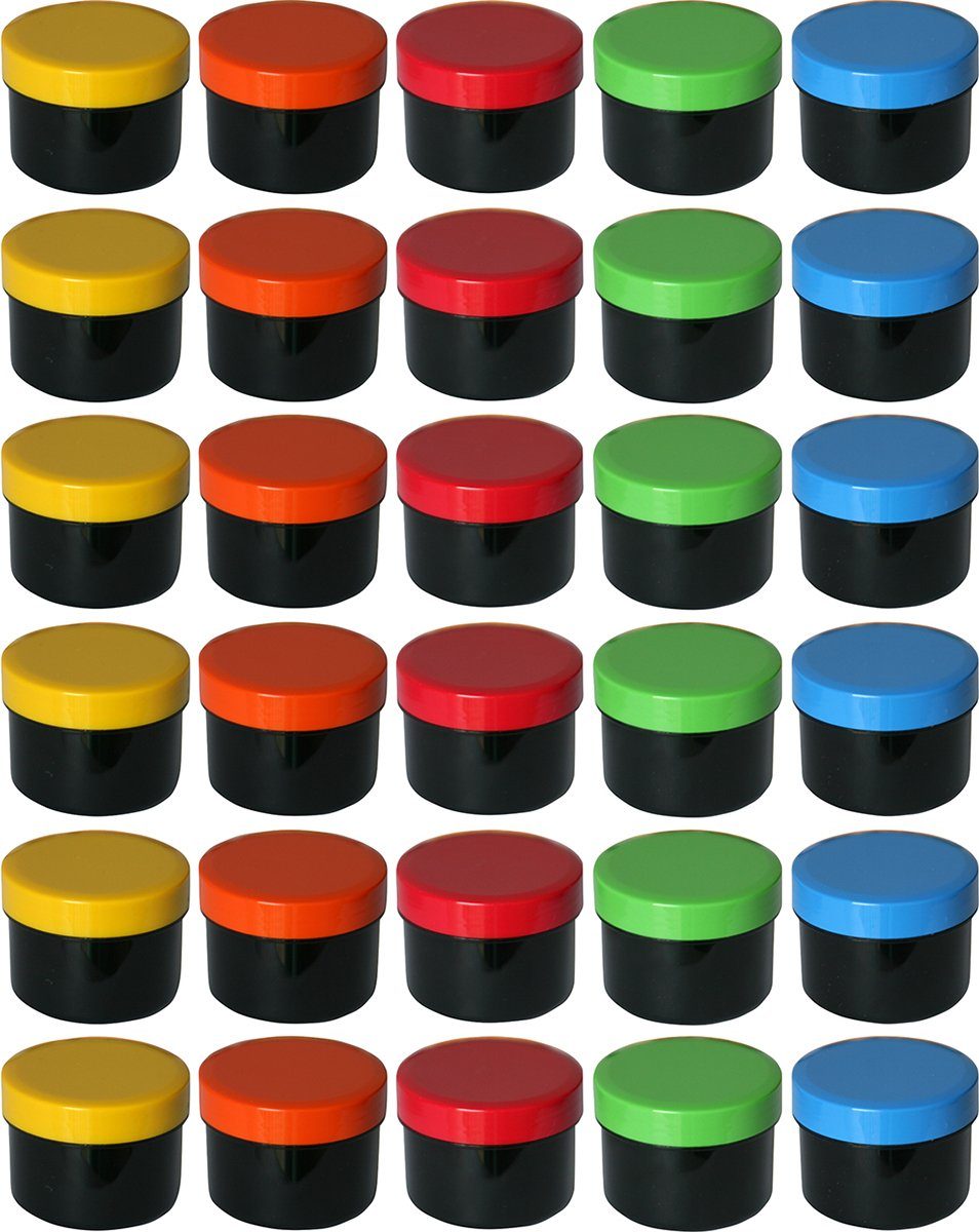 Doserie Kuhn Aufbewahrungsdose für Salben, Cremes oder Kleinigkeiten (Füllvolumen 35 ml (flach), Höhe 35 mm, 30 St., schwarze Dosen mit farbigen Deckeln), schwarze Salbentiegel, Salbenkruke, Cremedose mit farbigem Deckel