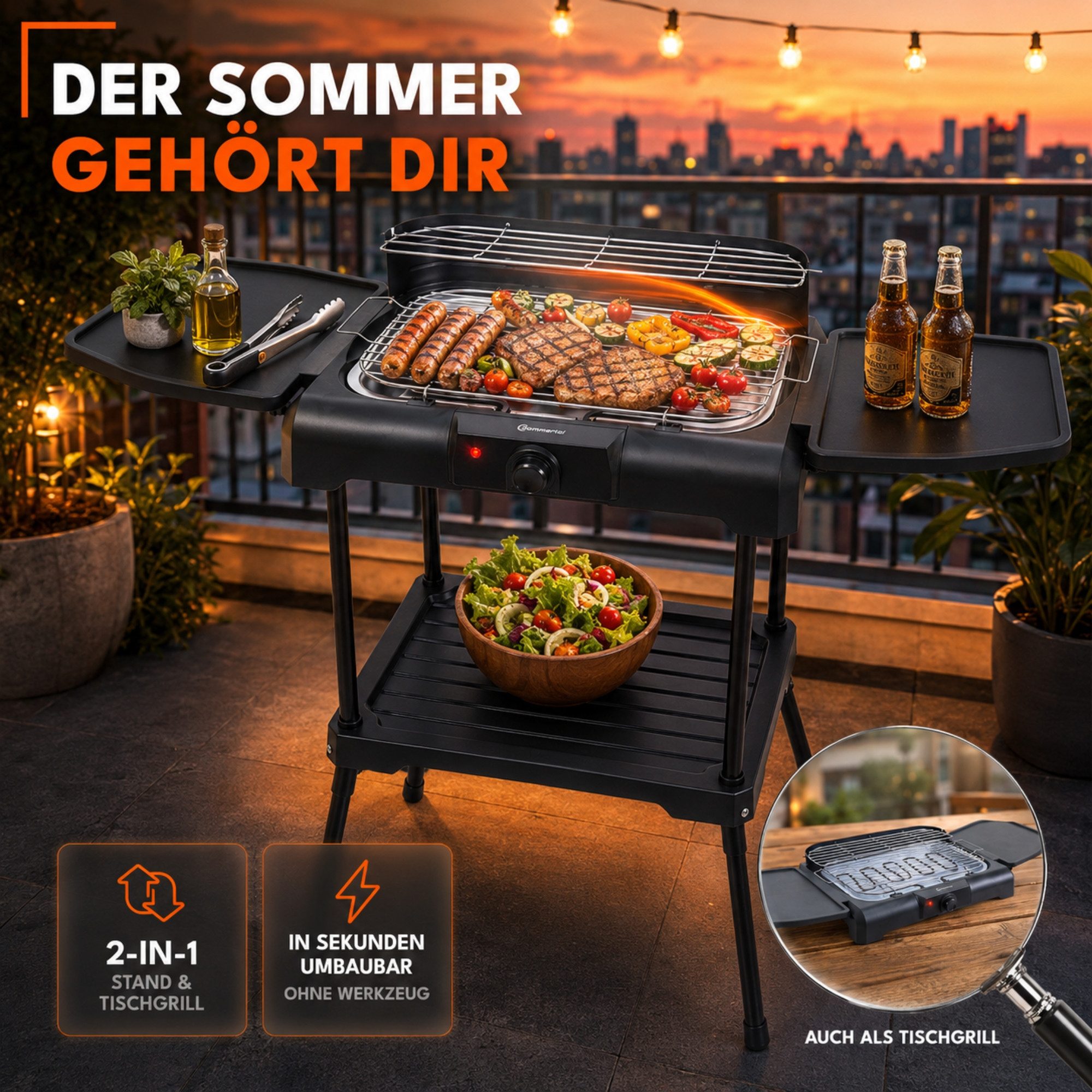 Sommertal Elektrogrill BBQ231 Elektrogrill Balkongrill 2200W Camping Grill, 2200 W, 2in1 Tischgrill mit Standfuß Stufenloser Temperaturregler