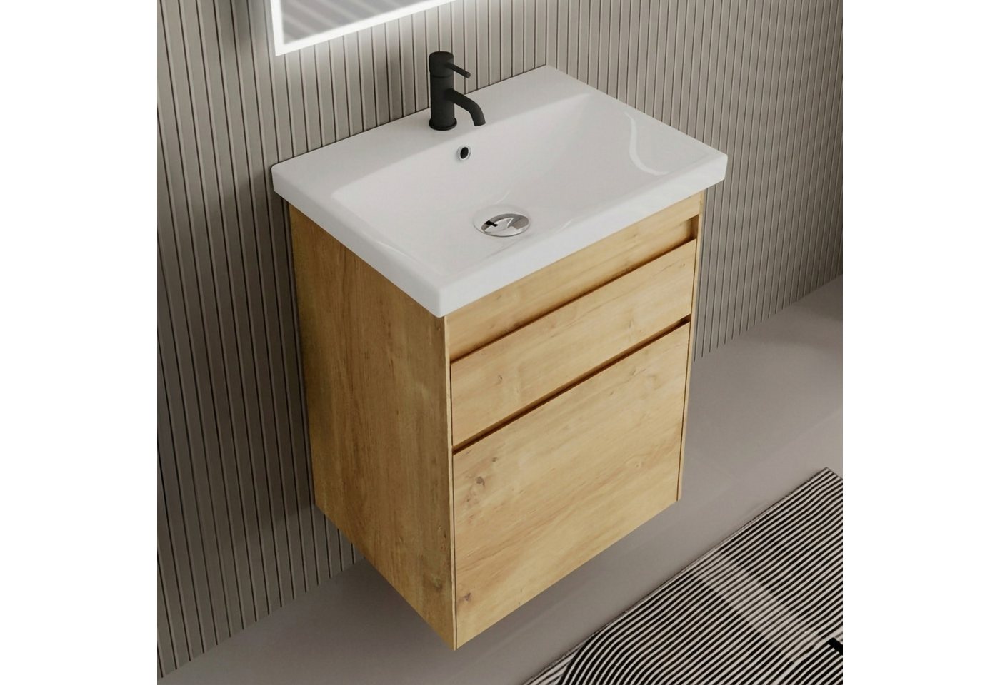Alpenberger Badmöbel-Set Badezimmermöbel Set mit Waschbecken, Waschbeckenunterschrank hängend, (Badmöbel Set Holz, Waschtisch mit Waschbecken Hängend), Gäste WC Waschbecken mit Unterschrank 60cm