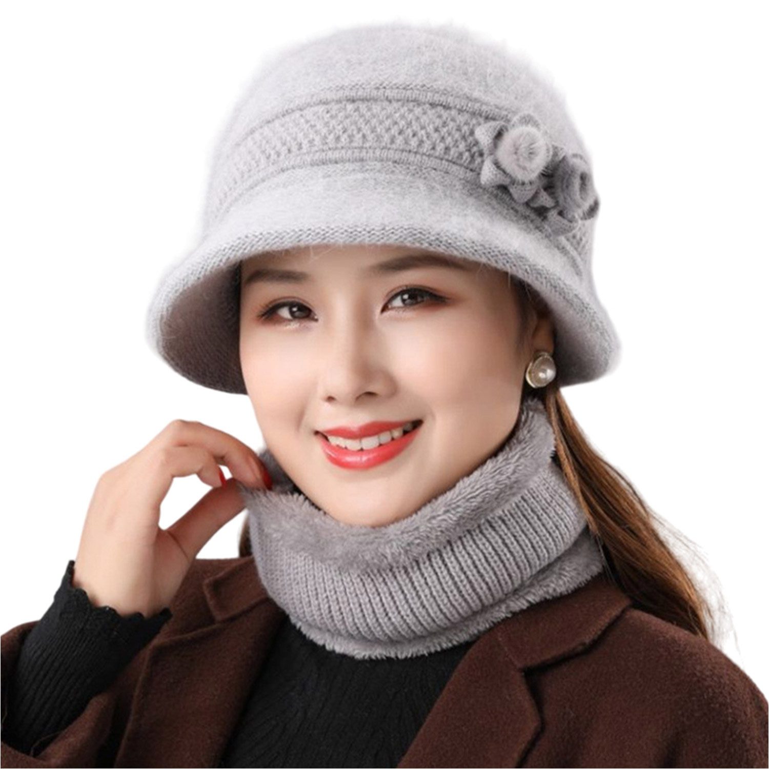 Refttenw Mütze & Schal Fischerhut Wintermütze Damen Schlauchschal 2-tlg Grau