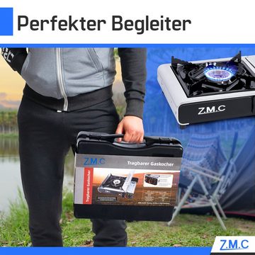 ZMC Gaskocher Edelstahl Gaskocher 1-flammig + Aufbewahrungskoffer + 24 Gaskartuschen, (Butangas Campingkocher für Innenraum/Outdoor, Campinggaskocher 2,2 kW mit Piezozündung), Kochfeld Herd Gaskocher mit Kartusche, Gaskochfeld für Camping