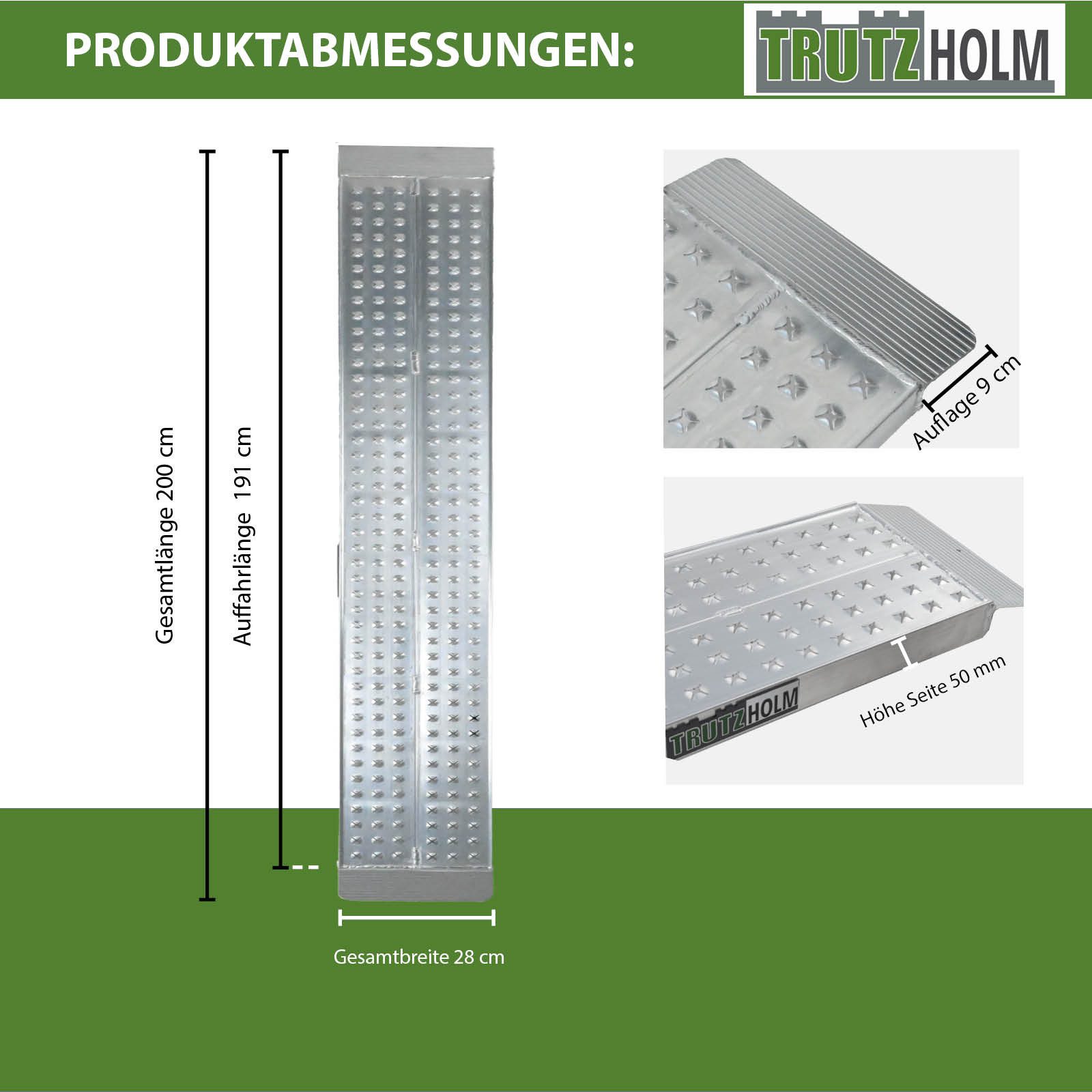 TRUTZHOLM Auffahrrampe leichte Ausführung starr Länge 200 Tragkraft 270 kg Auffahrschiene (1-St., Inkl. Spanngurt), stabile Konstruktion, hochwertige Verarbeitung