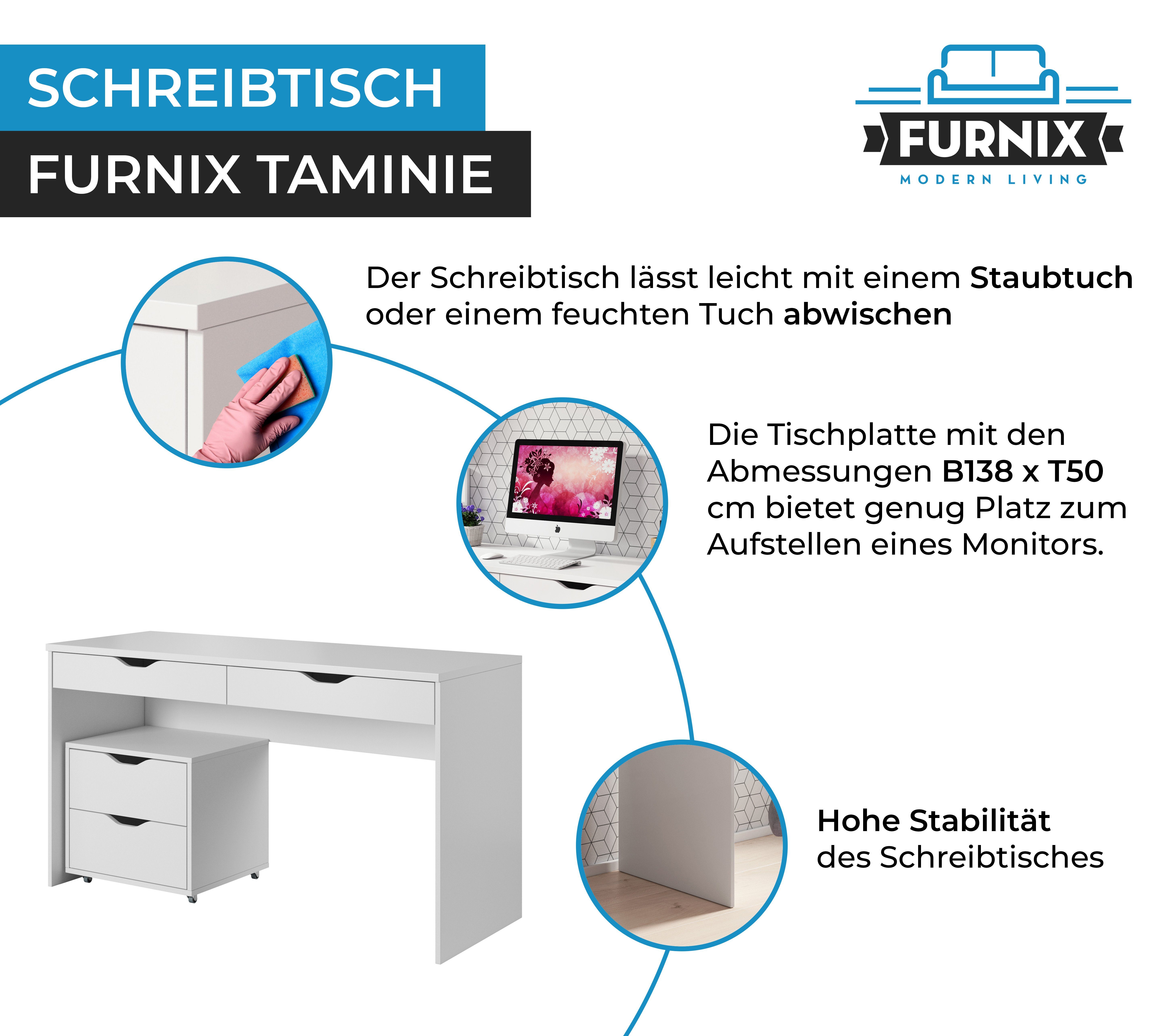 Furnix Kinderschreibtisch TAMINIE Schreibtisch 2 made Container Weiß in auf Kugelgelagerte EU Schubladen und Rollen, Führungsschienen