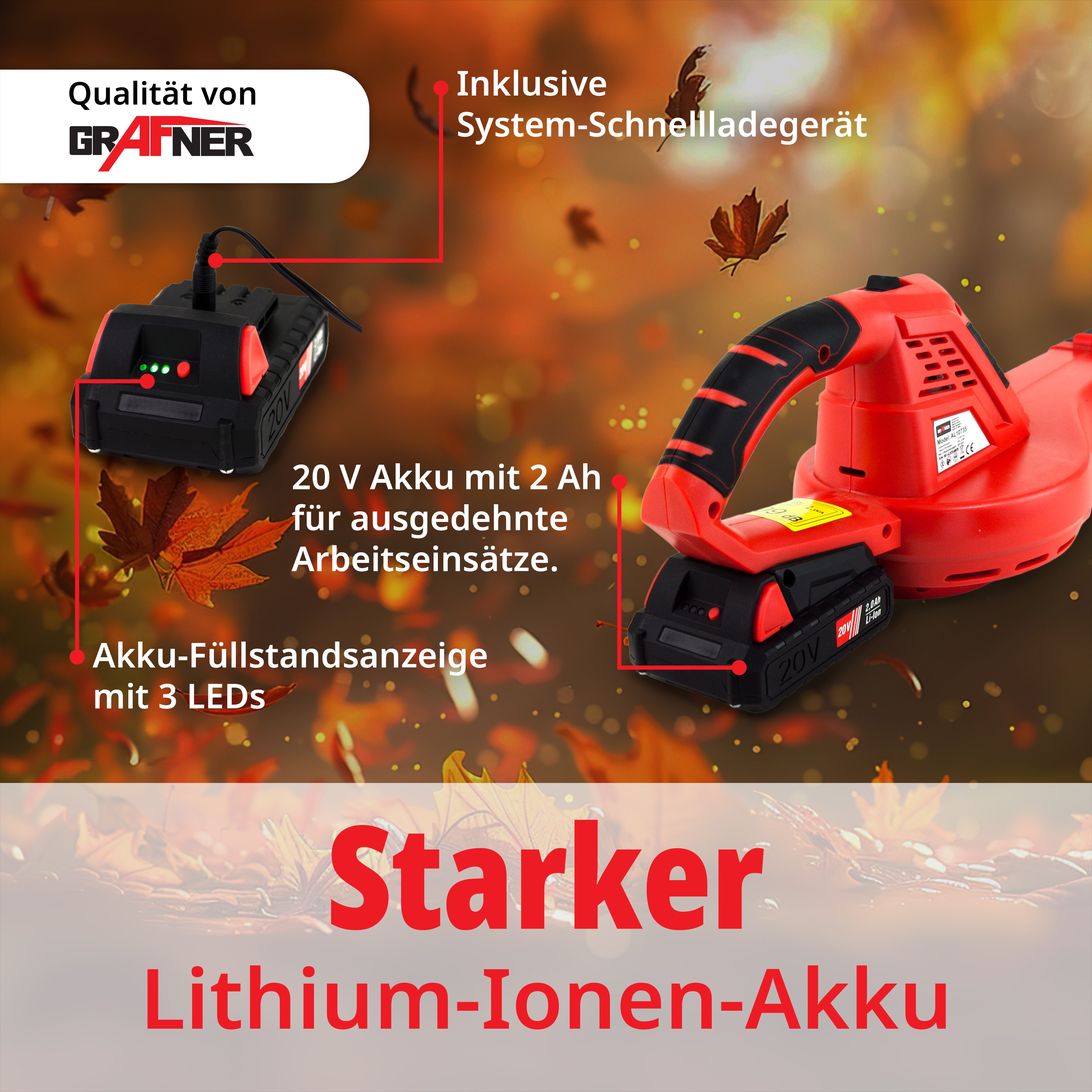 Grafner Akku-Laubbläser Laubbläser mit Akku Laubgebläse 20V mit Ladegerät Bläser, Akku, Blas-Luftstrom max. 200 km/h
