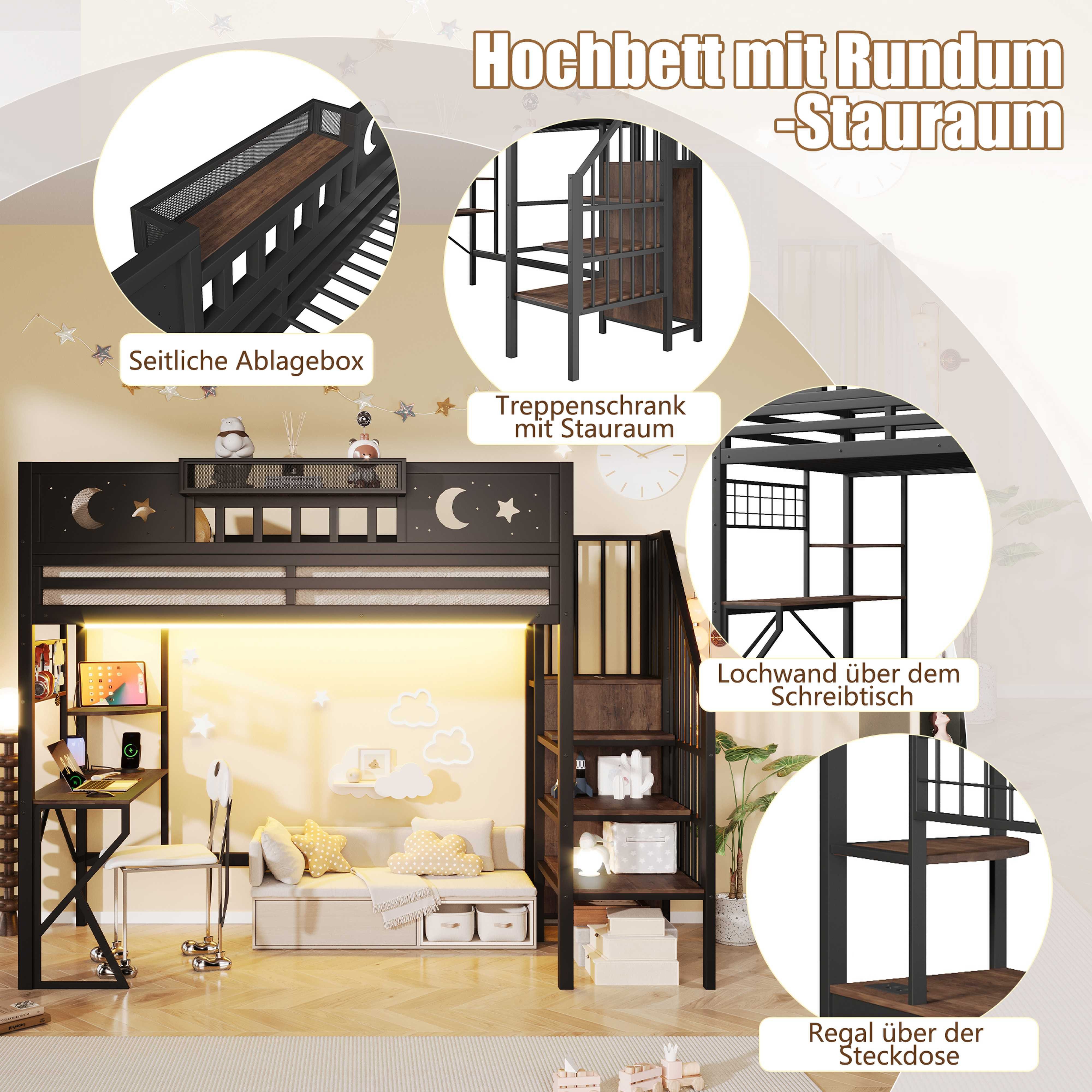 BlingBin Hochbett 90/140x200 cm Kinderhochbett Jugendbett mit Schreibtisch LED (3 Packung, 1-St., Treppe mit Stauraum,Regalen,USB-Anschluss und Mond-Stern-Design) Bettgestell aus Metall,Rausfallschutz,K-förmige Beine,Ohne Matratze
