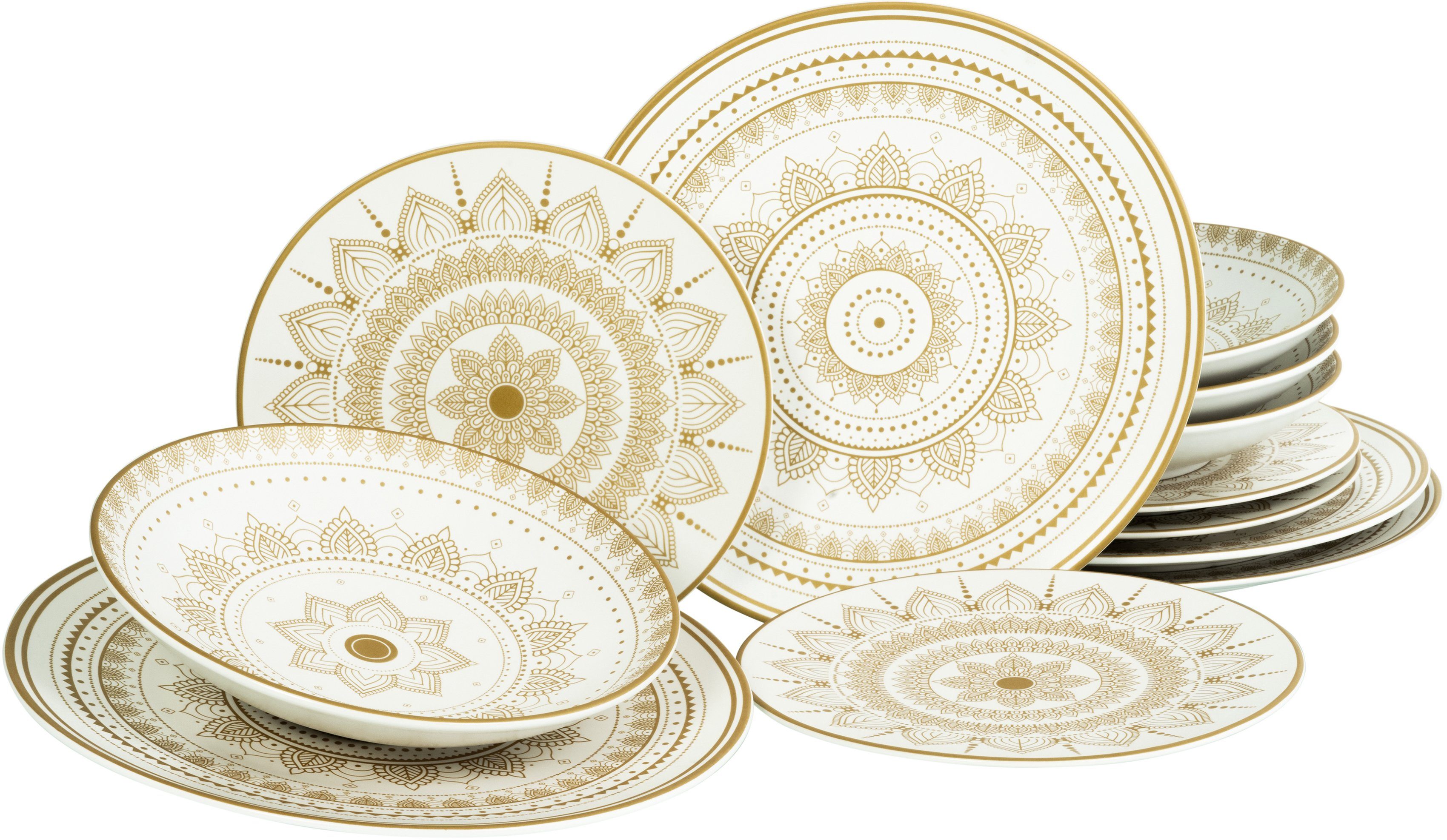 CreaTable Teller-Set Geschirr-Set Mandala (12-tlg), 4 Personen, Steinzeug, Service, goldene orientalische Motive, 12 Teile, für 4 Personen | Geschirr-Sets