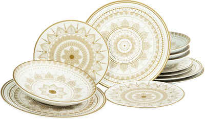 CreaTable Teller-Set »Mandala« (12-tlg), Steinzeug, seidenmatte Glasur, goldene orientalische Motive