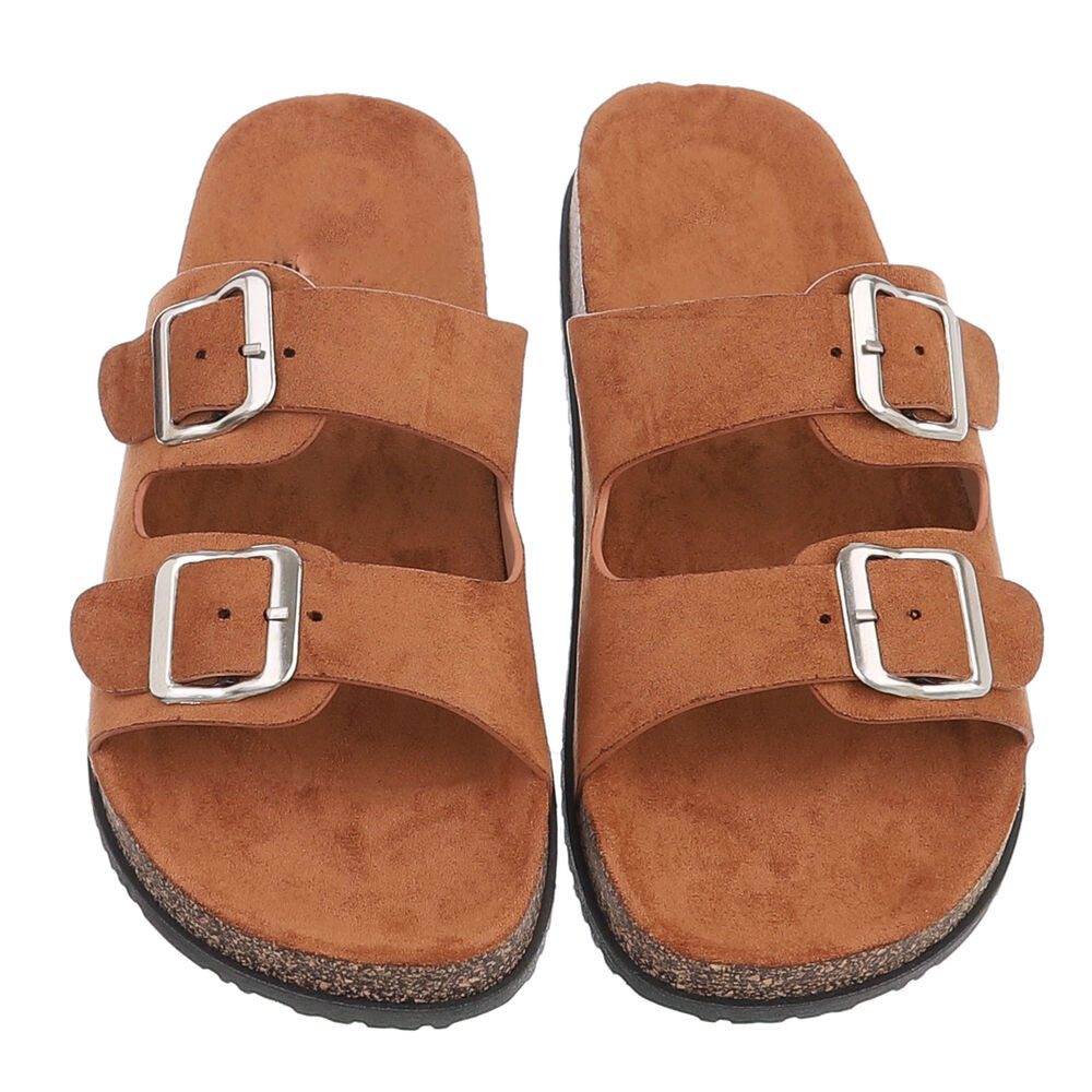 Ital-Design Damen Komfort Sandale mit Schnallen für Freizeit und Alltag Pantolette (91117291) Flach Pantoletten in Camel