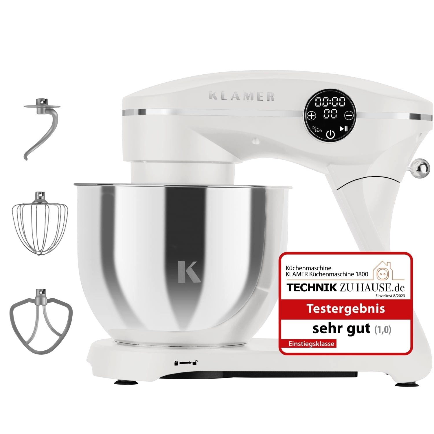 KLAMER Küchenmaschine, 1800 W, 6 l Schüssel, Spritzschutz, 3 Werkzeuge, Saugfüße, digitales Display, Timer