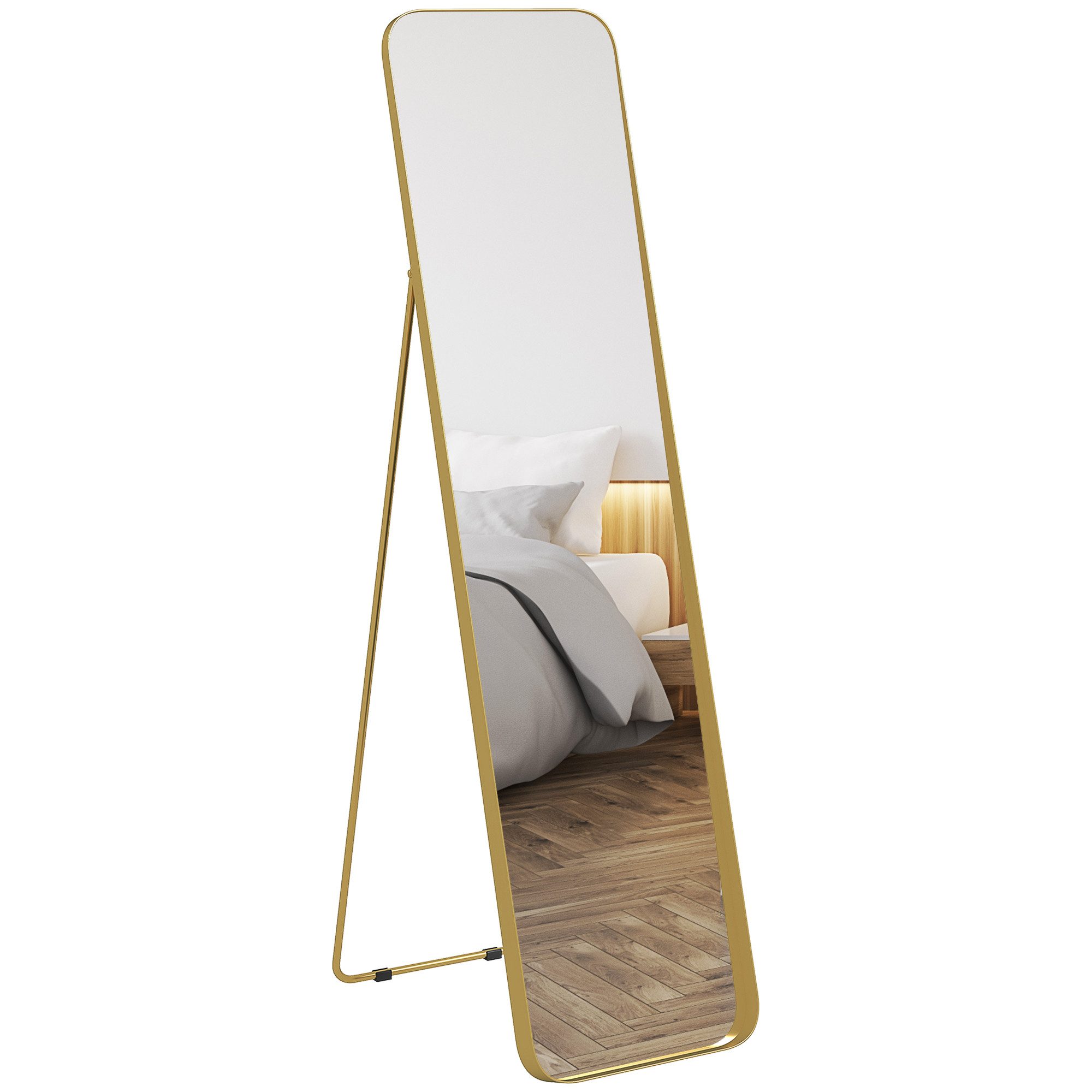 HOMCOM Standspiegel rechteckiger Ganzkörperspiegel mit abgerundeten Ecken (für Schlafzimmer, Wohnzimmer, 1-St., zum Aufstellen auf dem Boden oder an die Wand), 40 x 6 x 160 cm, Gold