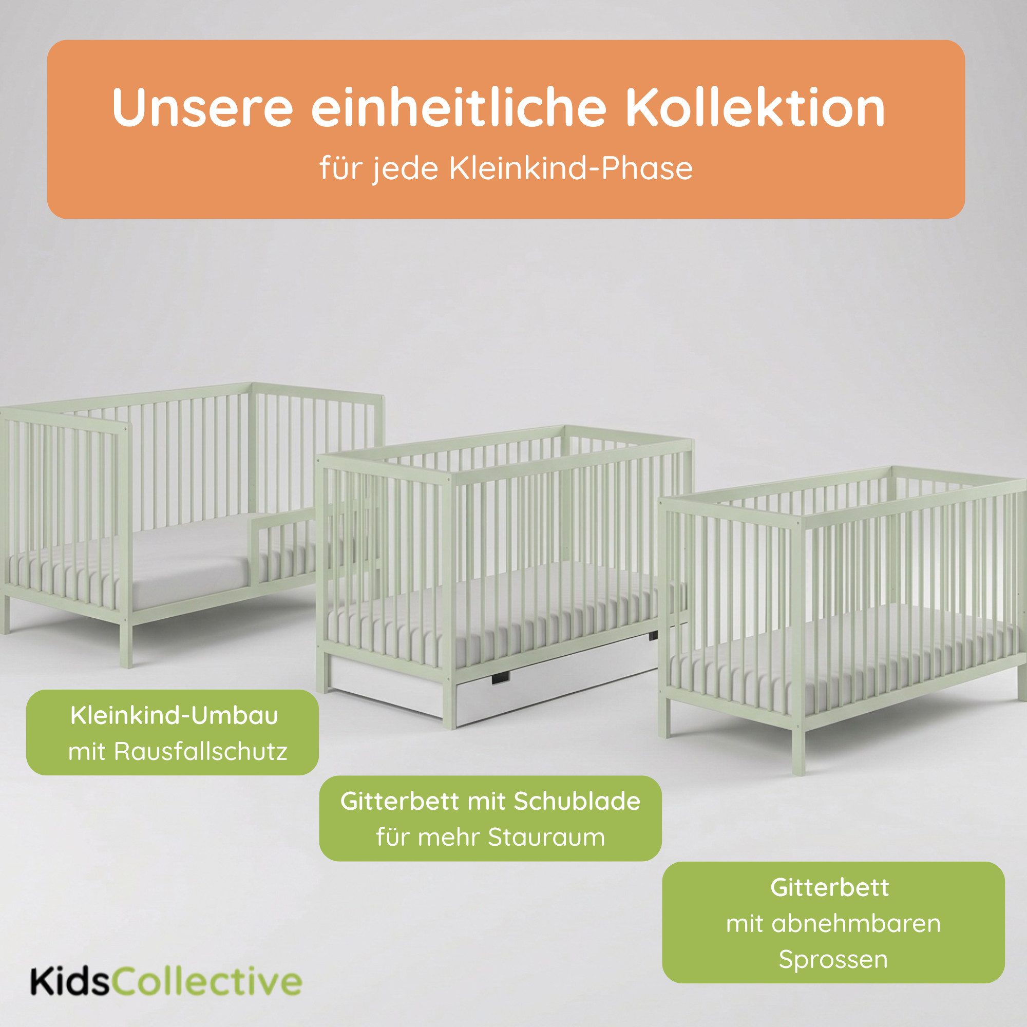 Kids Collective Kinderbett Babybett Gitterbett 60x120 und 70x140 cm höhenverstellbar, mit Schublade grün 60x120 cm von Geburt bis 3. Lebensjahr