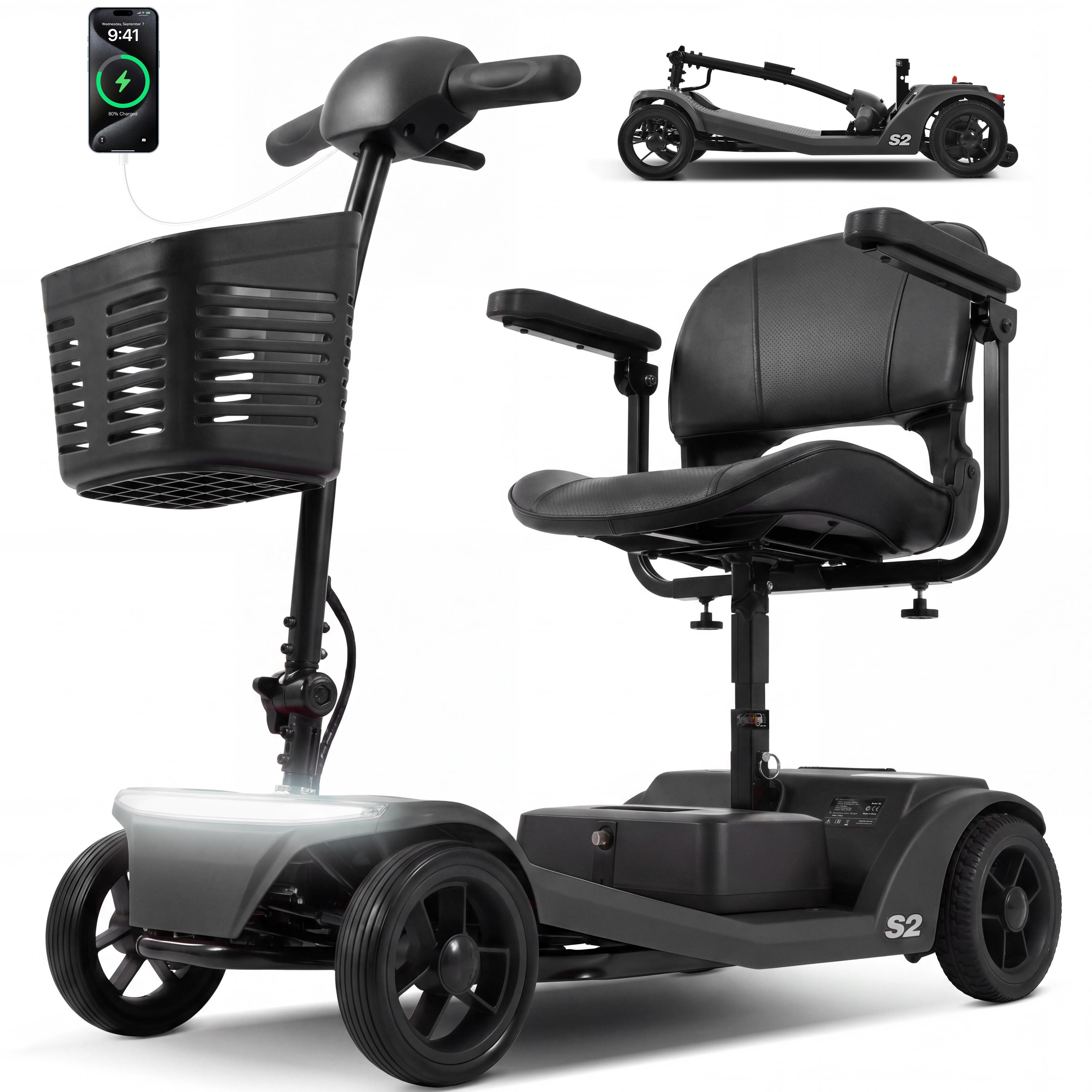 LVHOM Elektromobil faltbar Seniorenmobil, 4-Rad-Elektroroller, Rw. 20km, 12Ah, 250 W, 6 km/h, (abnehmbar Blei-Säure-Ionen Batterie + Handy-Ladeanschluss + vorderer Aufbewahrungskorb + abnehmbar/atmungsaktiv/höhenverstellbarer Sitz + verstellbarer Lenker +