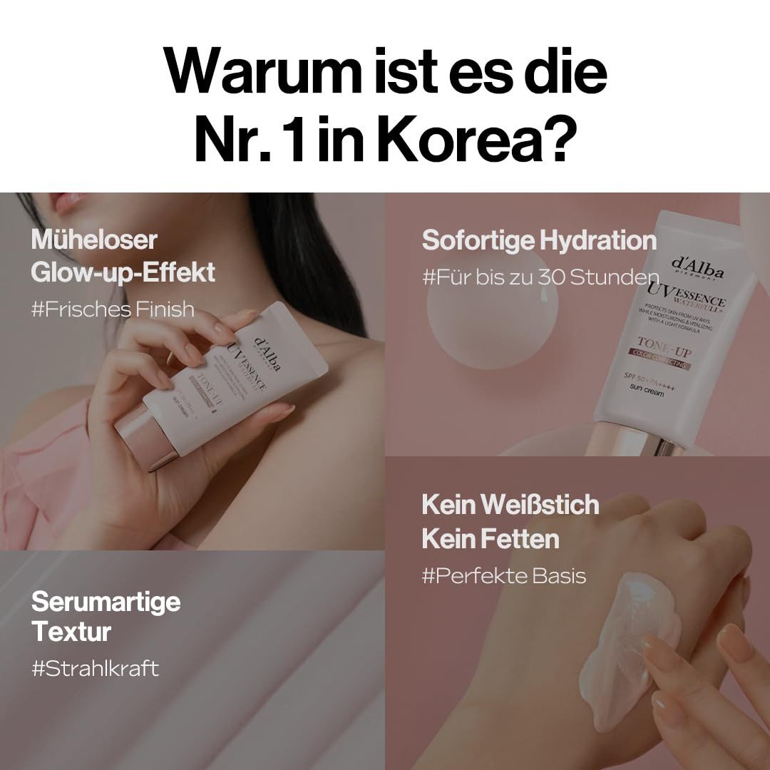 d'Alba Sonnenschutzcreme Waterfull Tone-Up Sun Cream SPF 50+ PA++++ 50ml – UV Essence, Sonnenschutz mit Glow Effekt, Tone-Up Sonnencreme mit Niacinamide, Panthenol & Weißer Trüffel, leichte Korean Skincare Sun Cream für strahlenden Teint