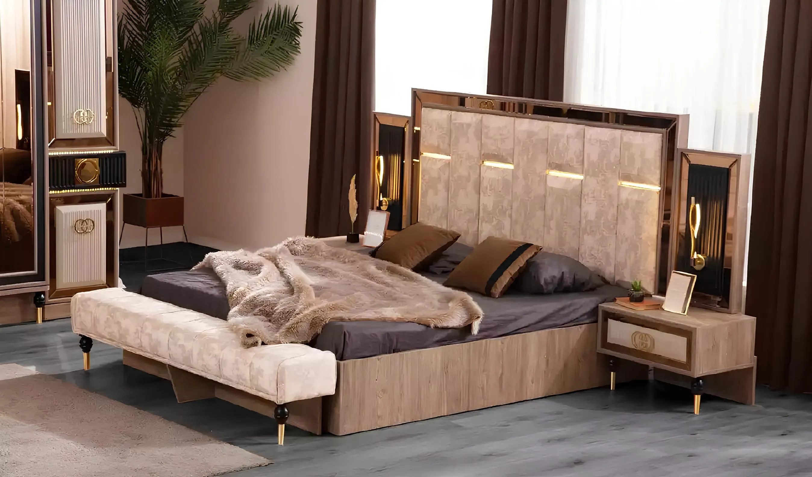Schlafzimmer-Set Schlafzimmerbett Doppelbett Beige Stoff Nachttische Set Bett Neu