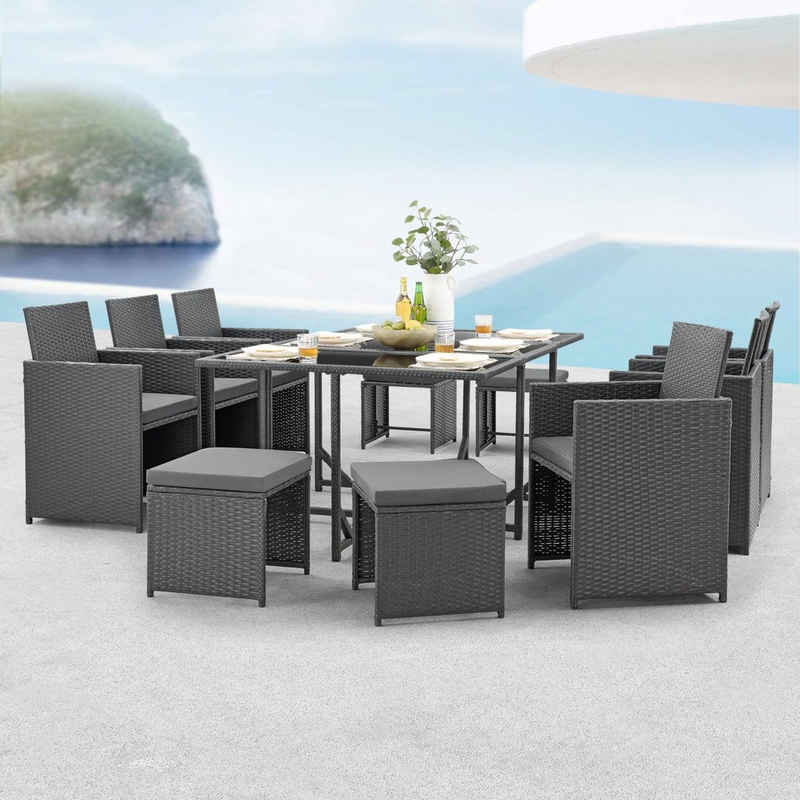 en.casa Gartenlounge-Set, (11-tlg), »Laredo« Sitzgruppe XL Gartentisch mit Stühlen und Hocker Polyrattan Dunkelgrau