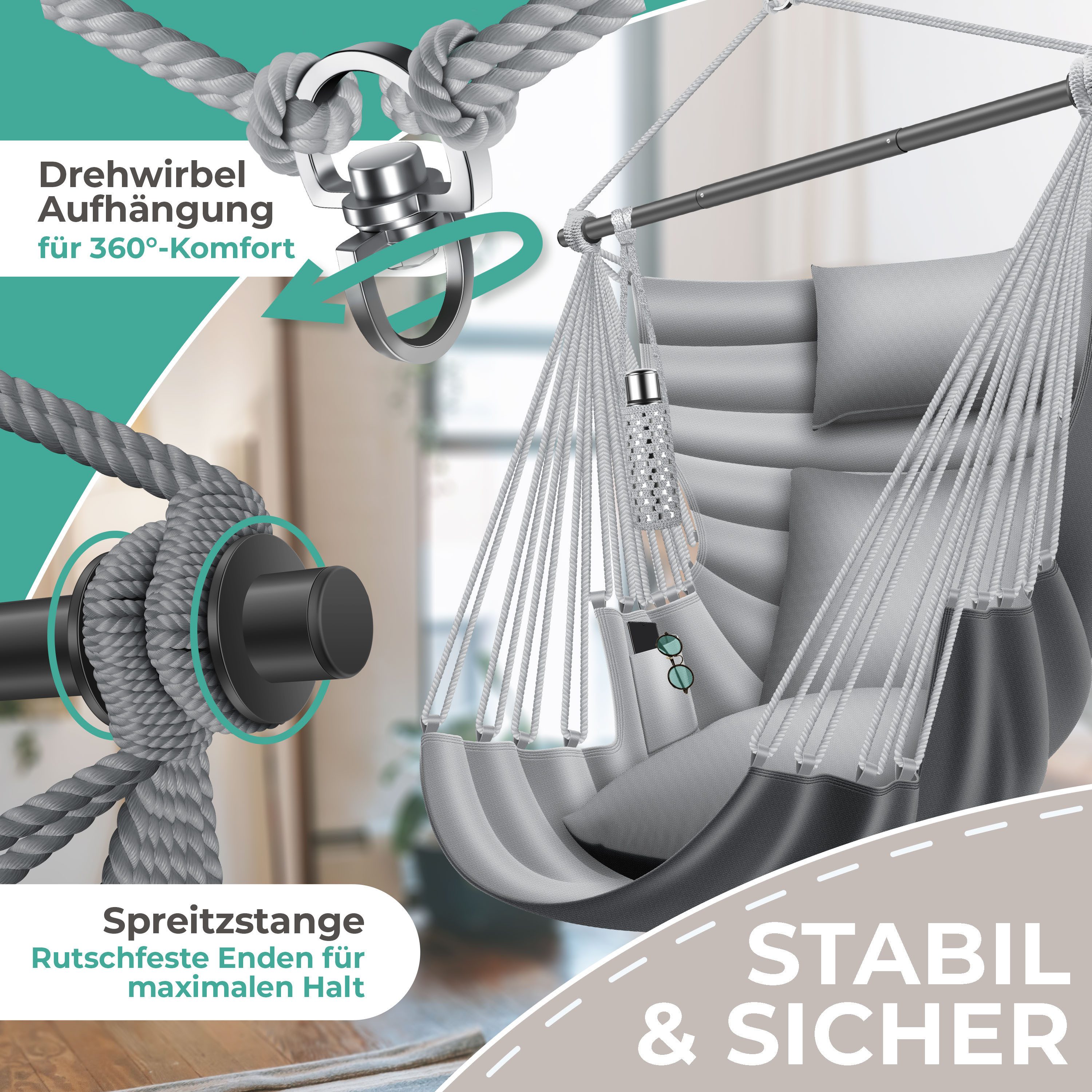 KESSER Hängesessel Haiti 150kg Traglast, Indoor & Outdoor Hängestuhl (Hängeschaukel mit 2 Kissen, Tragetasche, Flaschenhalter & Montage-Set), 360° Hängematte Pflegeleicht, UV-beständig & Wasserfest