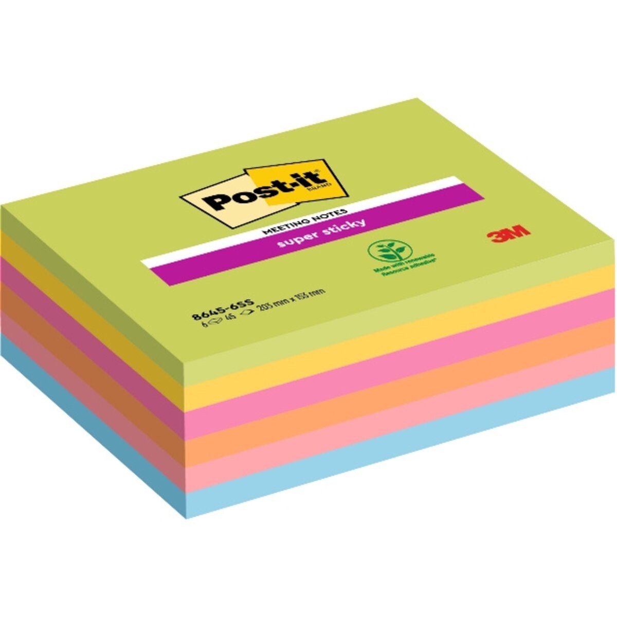Post-it Notes Haftnotizblock Haftnotiz Meeting Notes 203x152mm 45 Blatt neonfarben VE=6 Blöcke