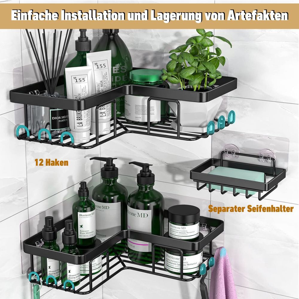 HUGERSTONE Duschregal Duschablage Ohne Bohren, Badezimmer Organizer mit Seifenhalter Haken, 3-tlg., Edelstahl Elbstklebender Duschkorb für Bad Küche Toilette Aufbewahrung