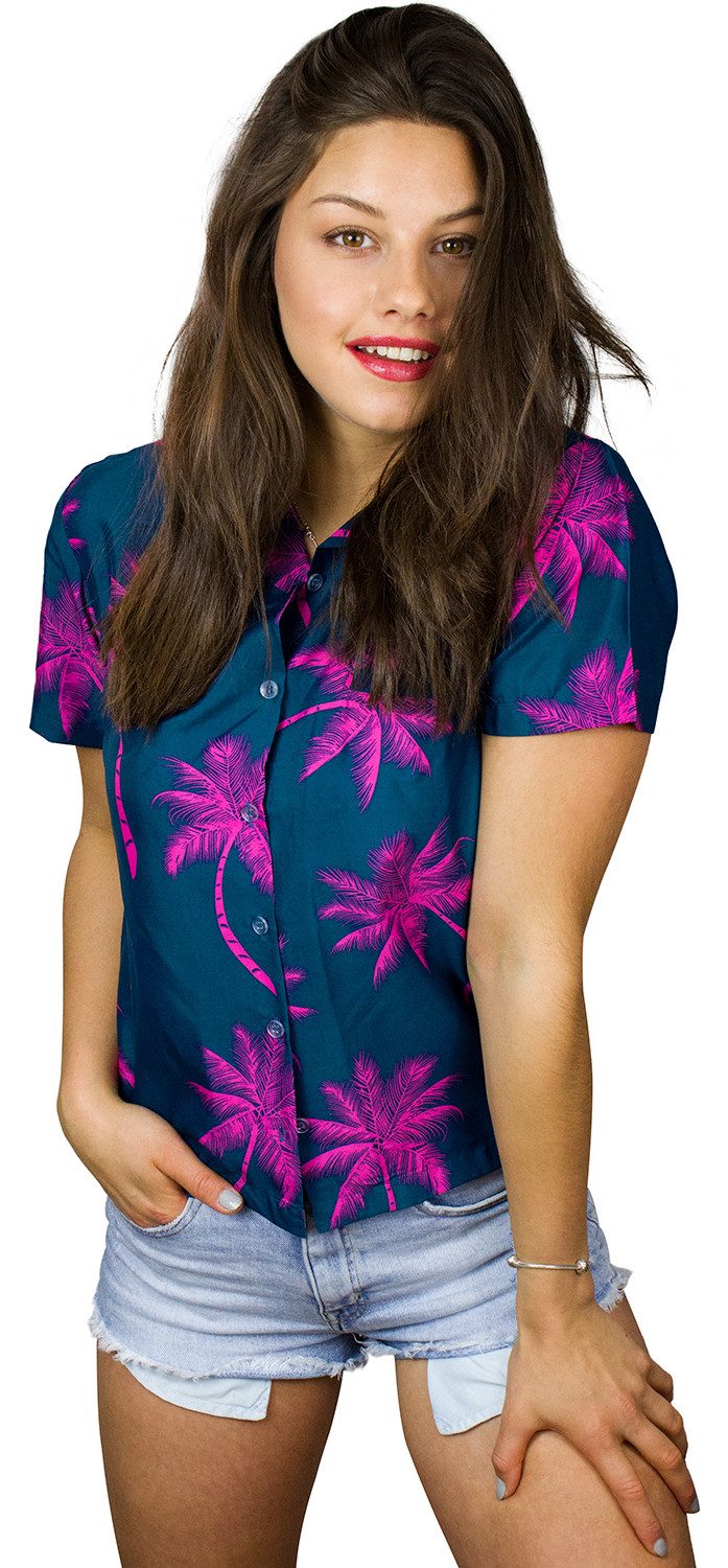 King Kameha Hawaiihemd Palmshadow Funky Hawaiibluse Damen Kurzarm Front-Tasche Stylish